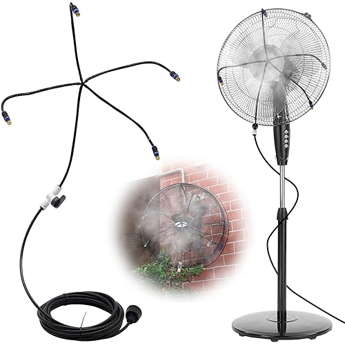 BUNYUM Kit de sistema de enfriamiento de niebla de ventilador de exterior para patio, línea de nebulización de invernadero de jardín, 4 boquillas de