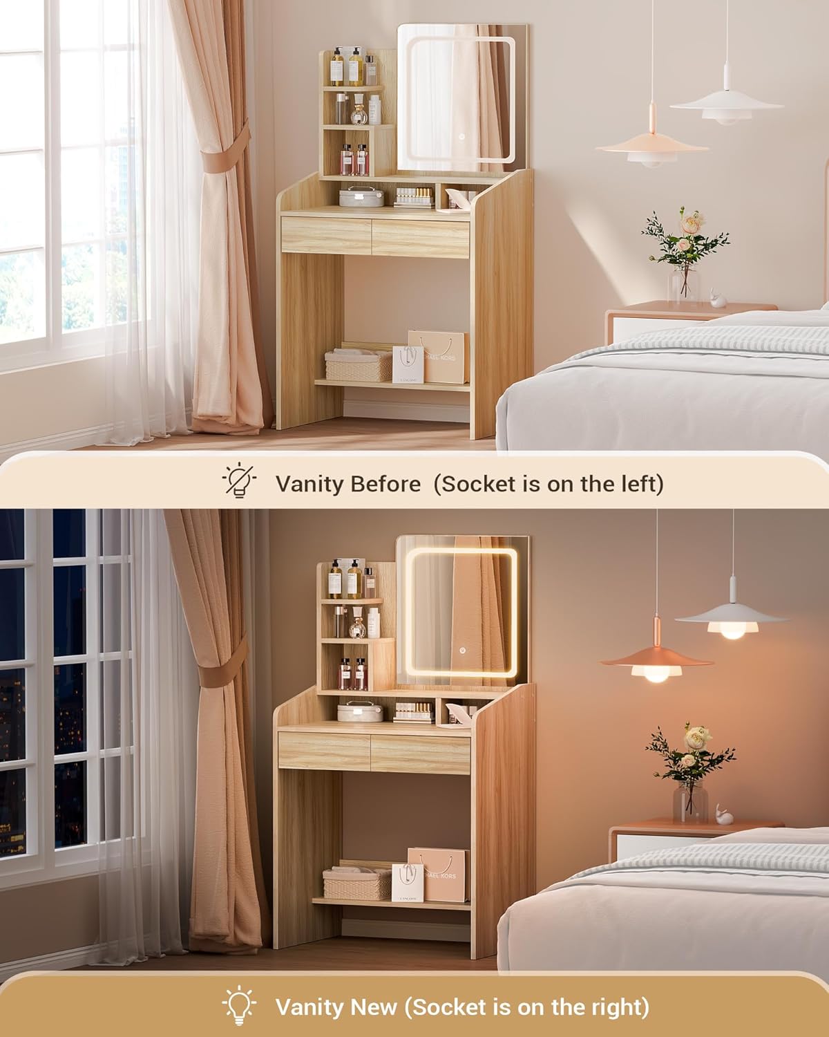 Vanity Desk with LED Mirror, Small Makeup Vanity with Open Shelves, Dressing Table for Bedroom, Wooden
