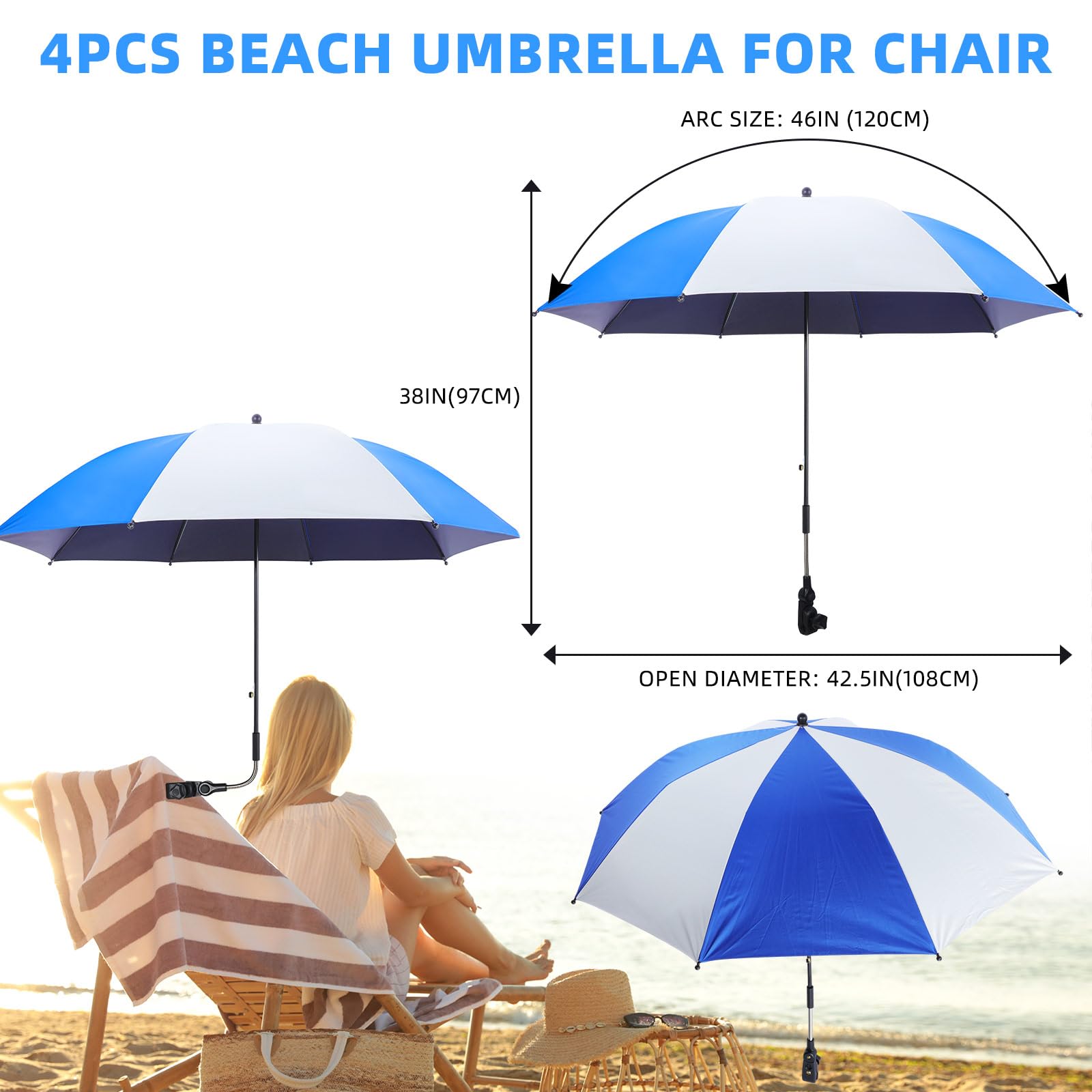 Hosuly 4 paraguas de silla de 46 pulgadas con abrazadera ajustable universal, protección solar, paraguas portátil para exteriores, silla de camping, patio, carritos de golf, no incluye silla