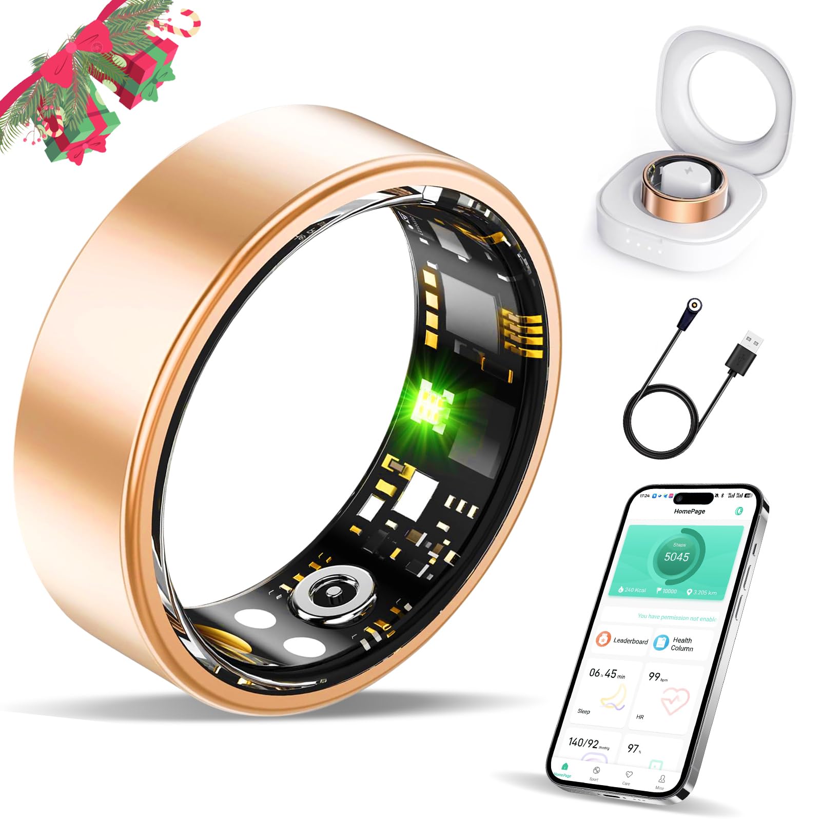 Smart Ring Health Tracker, Fitness Sleep & Heart Rate Monitor Tracker Smart Ring, Waterproof Bluetooth Fitness Tracker Ring IPX68 Waterproof (Gold, 12)-image-4
