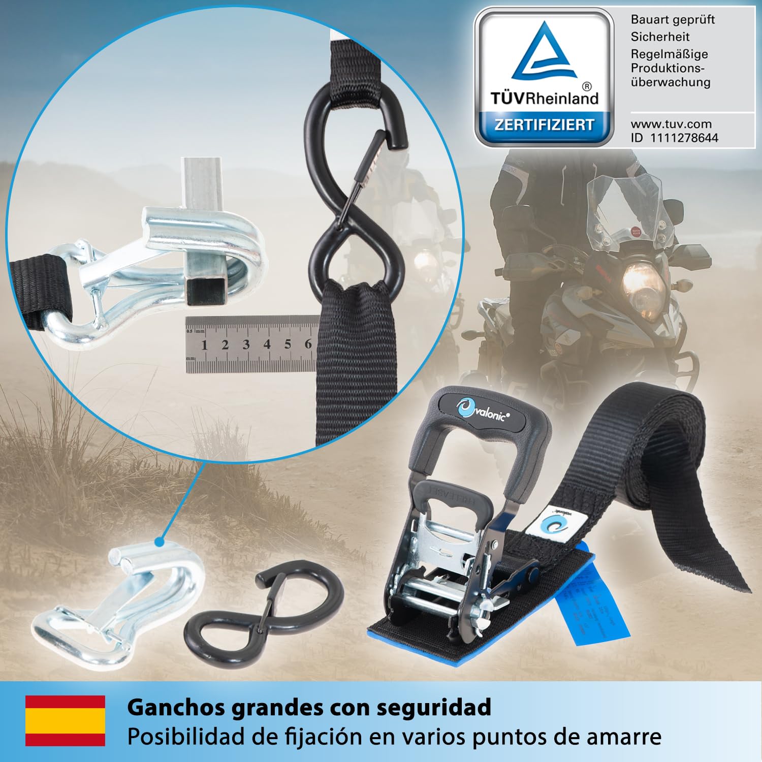 valonic Panther - 2X 2,25m cincha de Amarre con trinquete para Motos, 38mm, 650/1300 Kg, Acolchado, Certificado TÜV Rheinl/GS, EN 12195-2 - Distancia de tensado Corta, para remolques