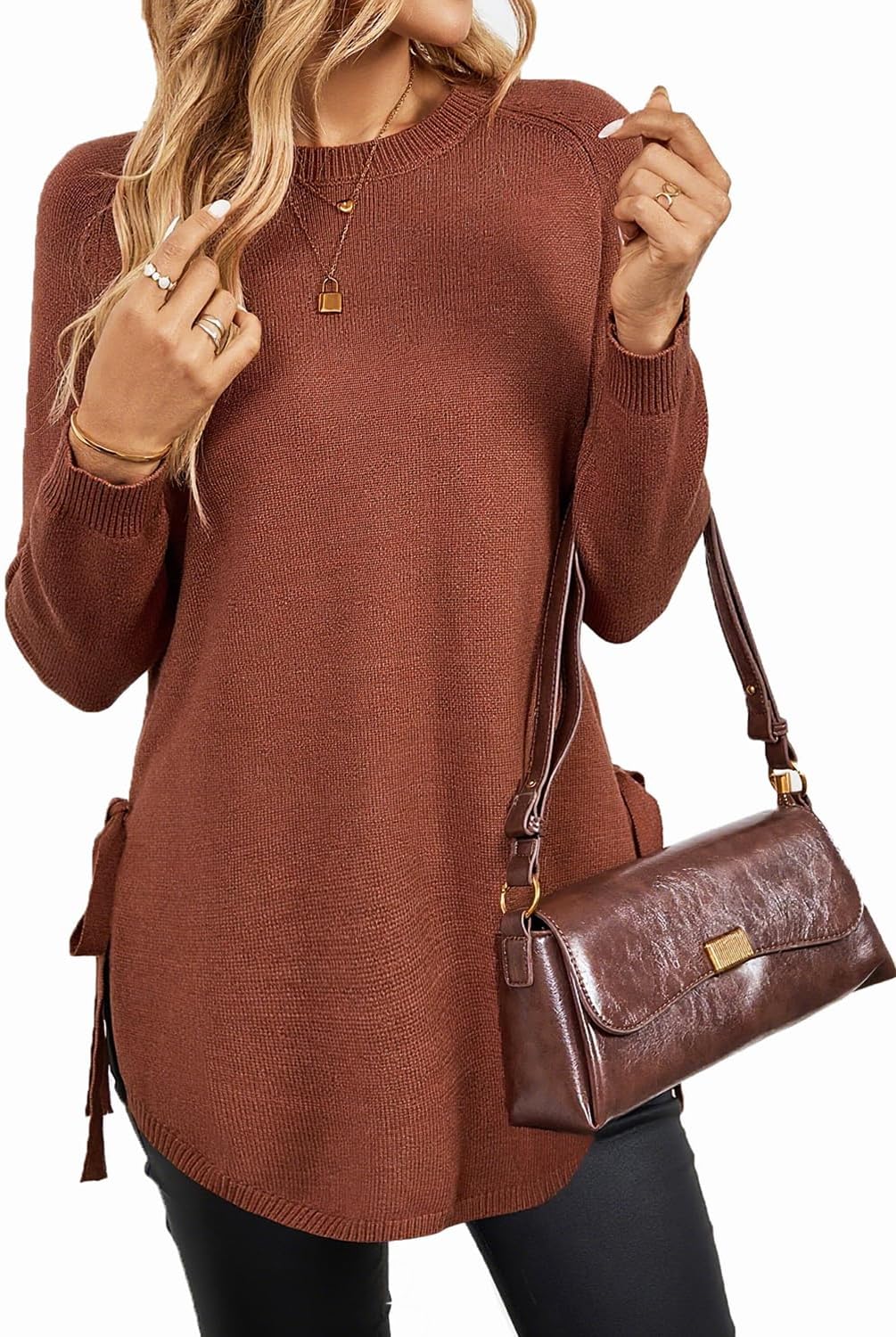 Womens Fall Crewneck Long Sleeve Tunic Sweaters Pullover Work Casual Side Slit Curved Asymmetrical Hem Bow Tie Knit Tops