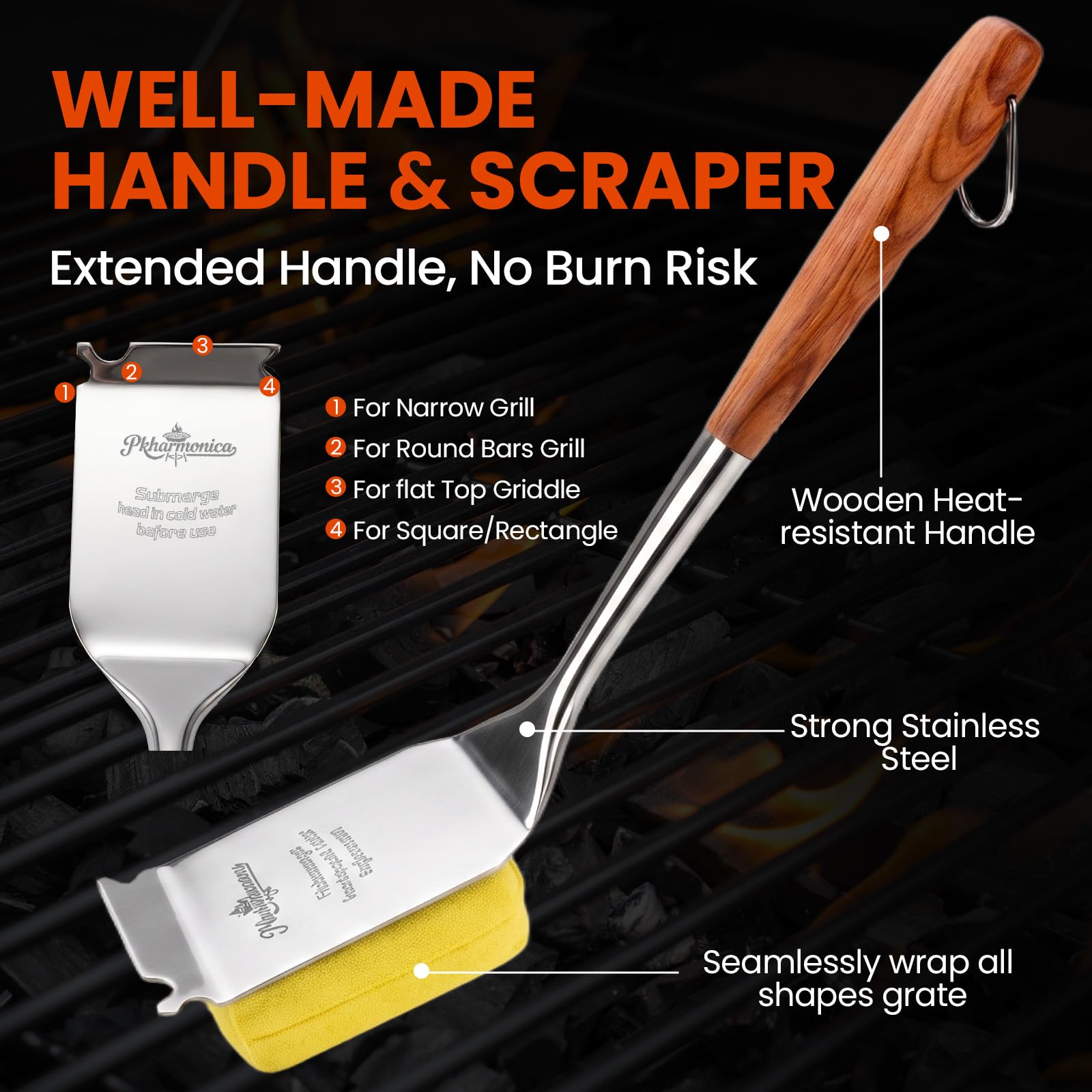 Grillbürste für Outdoor-Grill, borstenfreie Grillbürste mit Schaber, sicherer Dampfgrillreiniger für BBQ & Grillplatte, langer Rosenholzgriff erreicht Ecken, für Porzellan, Gusseisen & Edelstahlroste