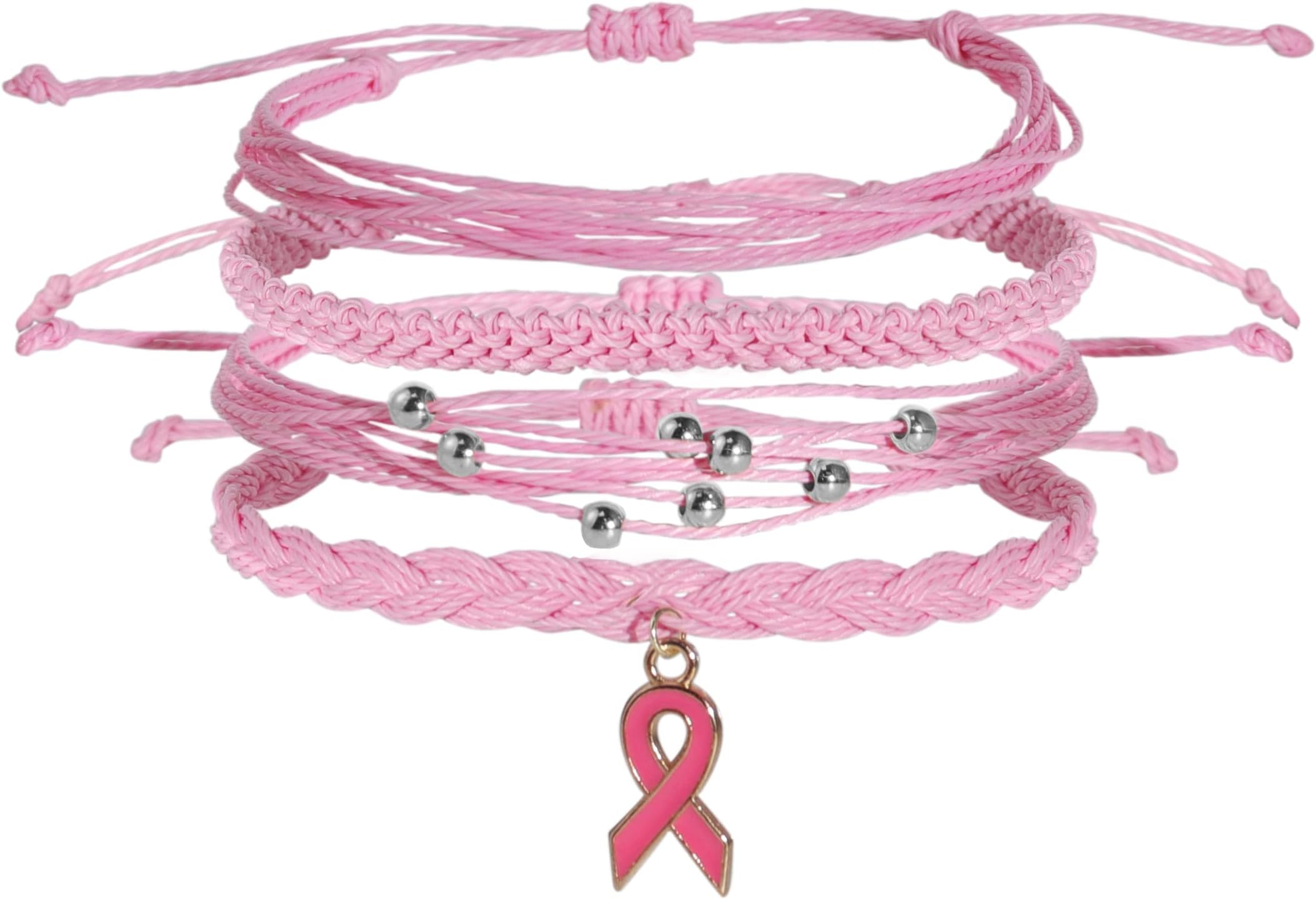 Handwoven Pink Ribbon Breast Cancer Awareness Bracelets Multilayer Braided Rope Cord Thread for Women Girls Infinity Love Inspirational Jewelry