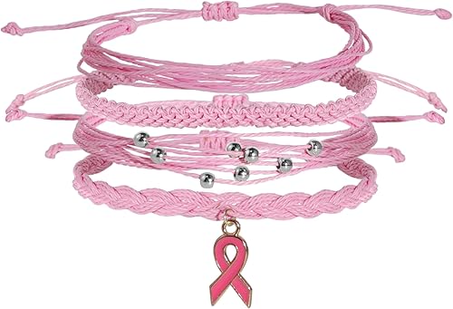 Fuqimanman2020 Pulseras tejidas a mano con cinta rosa para concientización sobre el cáncer de mama, cuerda trenzada multicapa para mujeres, joyería