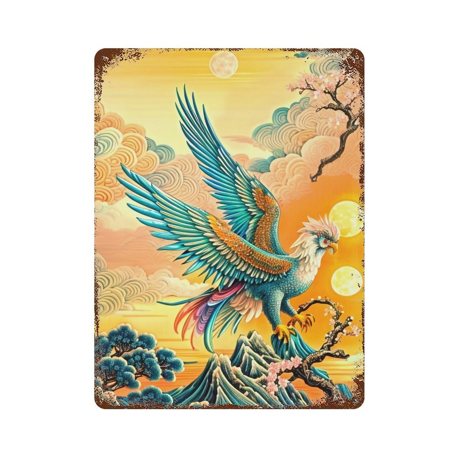 Eagle in Chinese Style Artwork Aged Metal Wall Plaque 15.7"x11.8", Classic Wall Plaque for Garage, Pub Or Kitchen