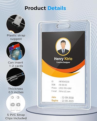 Miniatura 3 de KTRIO Paquete de 5 portatarjetas resistentes para 2 tarjetas, soporte para tarjetas de identificación de acrílico transparente con agujero para el