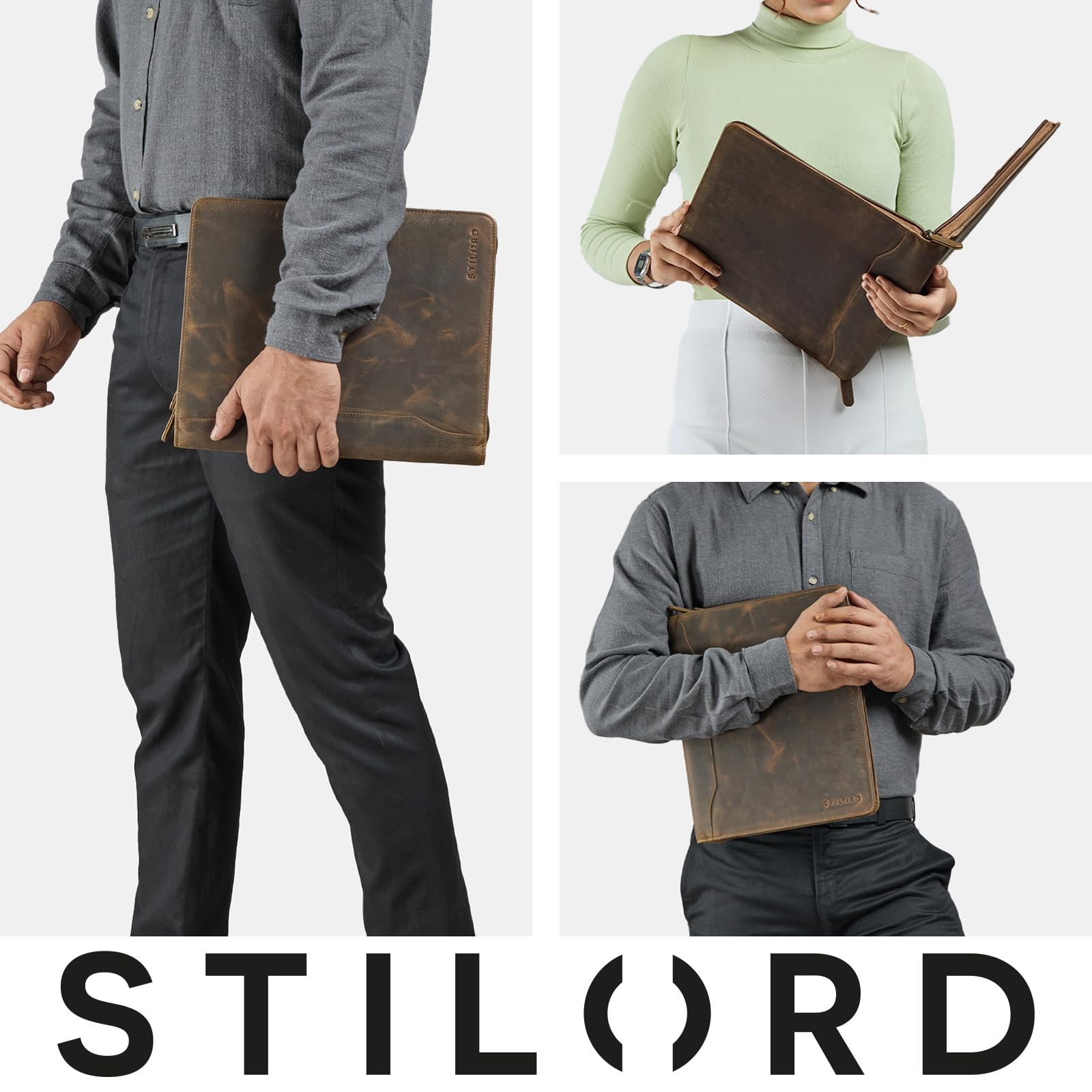 STILORD Wesley Elegante Dokumentenmappe Braun A4 Leder Konferenzmappe mit Reißverschluss - Große Ledermappe Echtleder Dokumententasche für Tablet 13 Zoll für Büro