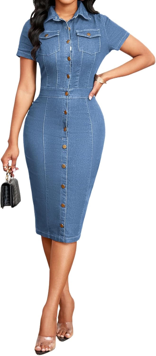 SeNight Women Denim Dresses Elegant Sexy Short Sleeve Jean Party Dress - Image 5