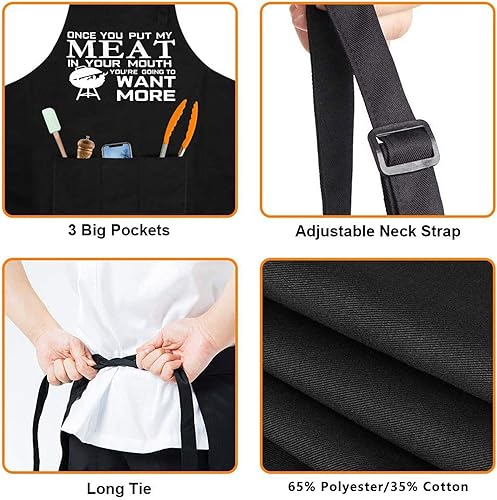 Miniatura 3 de Divertido delantal de parrilla para hombres, Once You Put My Meat - Talla única para todos - Delantal de cocina de chef con tres bolsillos grandes