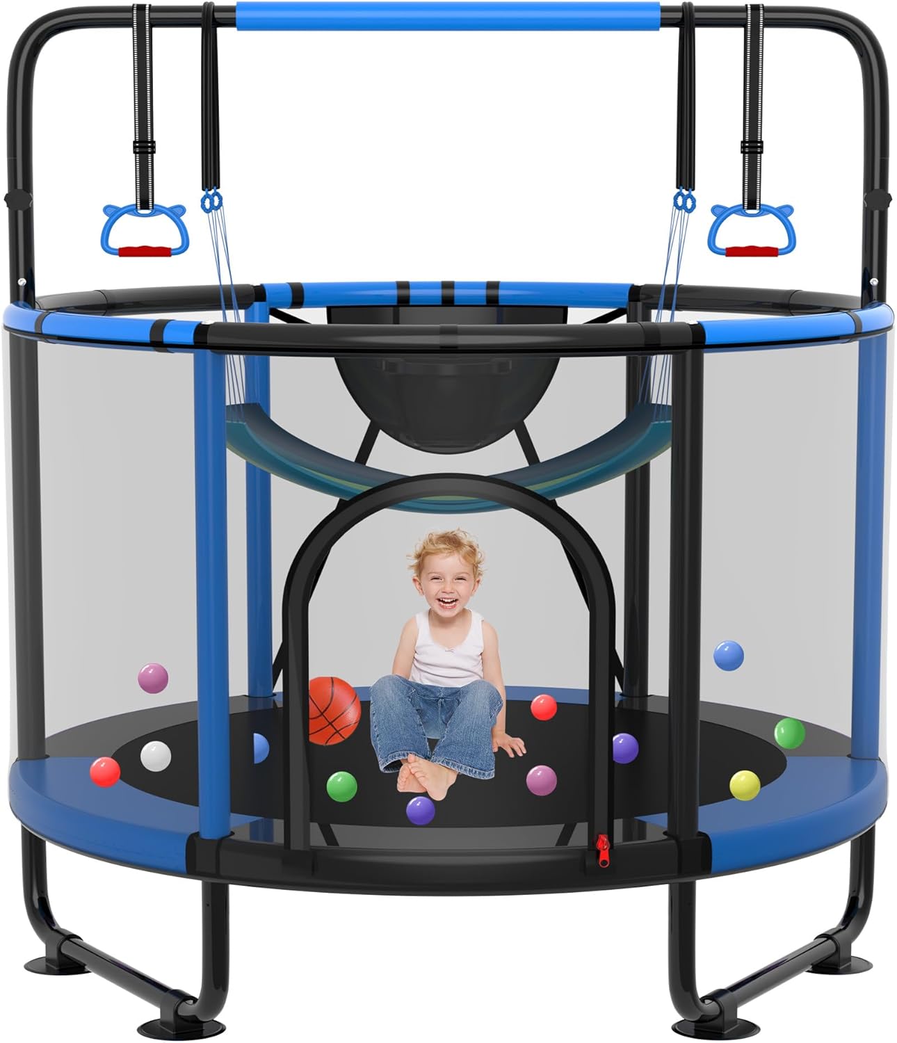 SKYUP 54"/60''/66" Mini Trampoline for Kids Ages 3+, 400LBS No-Gap Toddler Trampoline with Net, Swing, Adjustable Gymnastics Bars, Basketball Hoop, Indoor/Outdoor Trampoline, Boys & Girls Gifts Toys