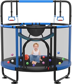 SKYUP 54"/60/66" Mini Trampoline for Kids Ages 3+, 400LBS No-Gap Toddler Trampoline with Net, Swing, Adjustable Gymnastics Bars, Basketball Hoop, Indoor/Outdoor Trampoline, Boys & Girls Gifts Toys
