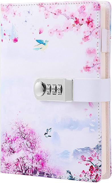 Diary with Lock for Girls and Women, Secret Lock Journal with Exquisite Pattern Design, Refillable Faux Leather Journal Writing Notebook, Size A5(8.5 × 5.9 Inch)