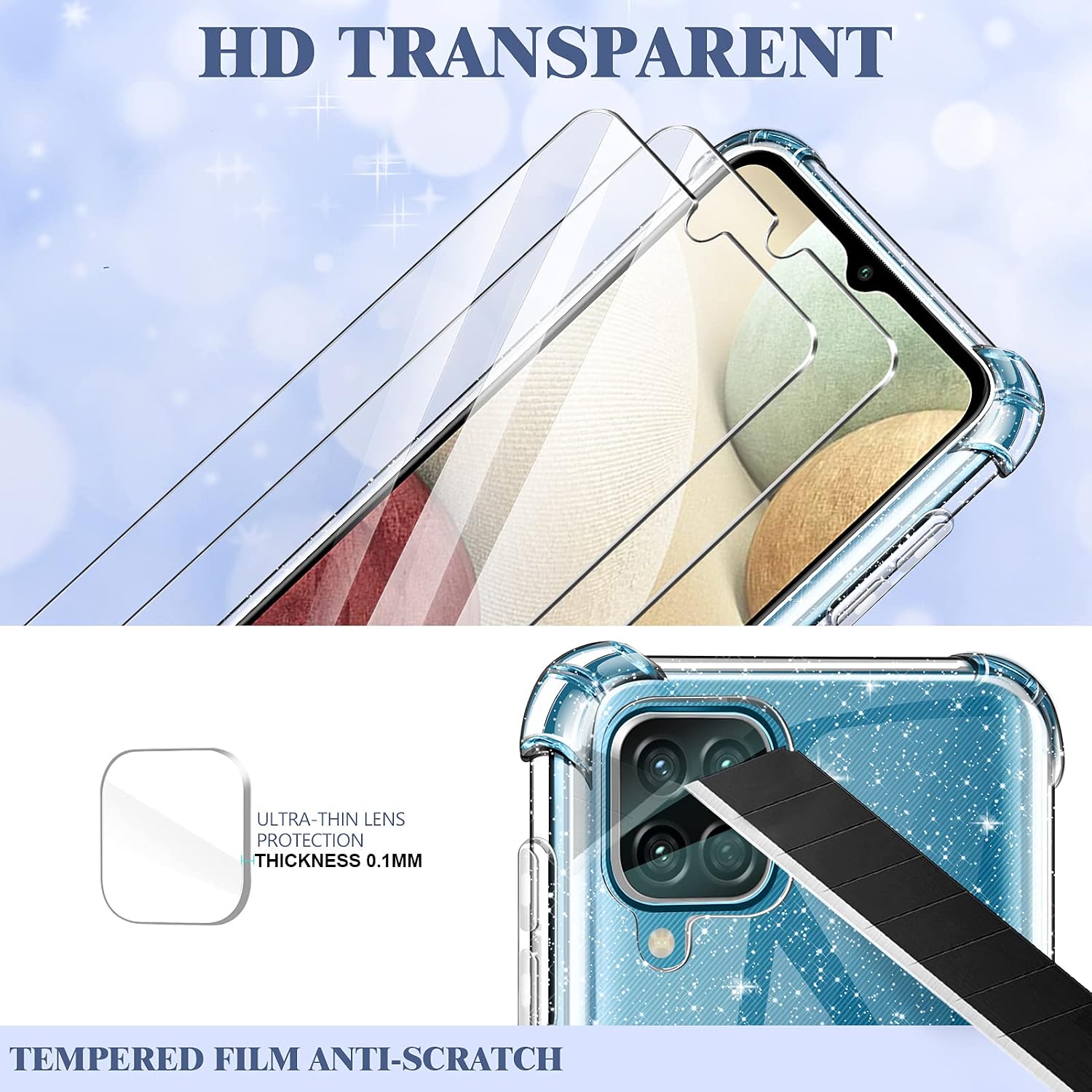 KSWOUS Galaxy A12 Glitter Case Cute, Samsung A12 Case with Screen Protector [2 Pack] + Camera Lens Protector [2 Pack], Soft TPU Shockproof Clear Glitter Protective Phone Case for Samsung A12