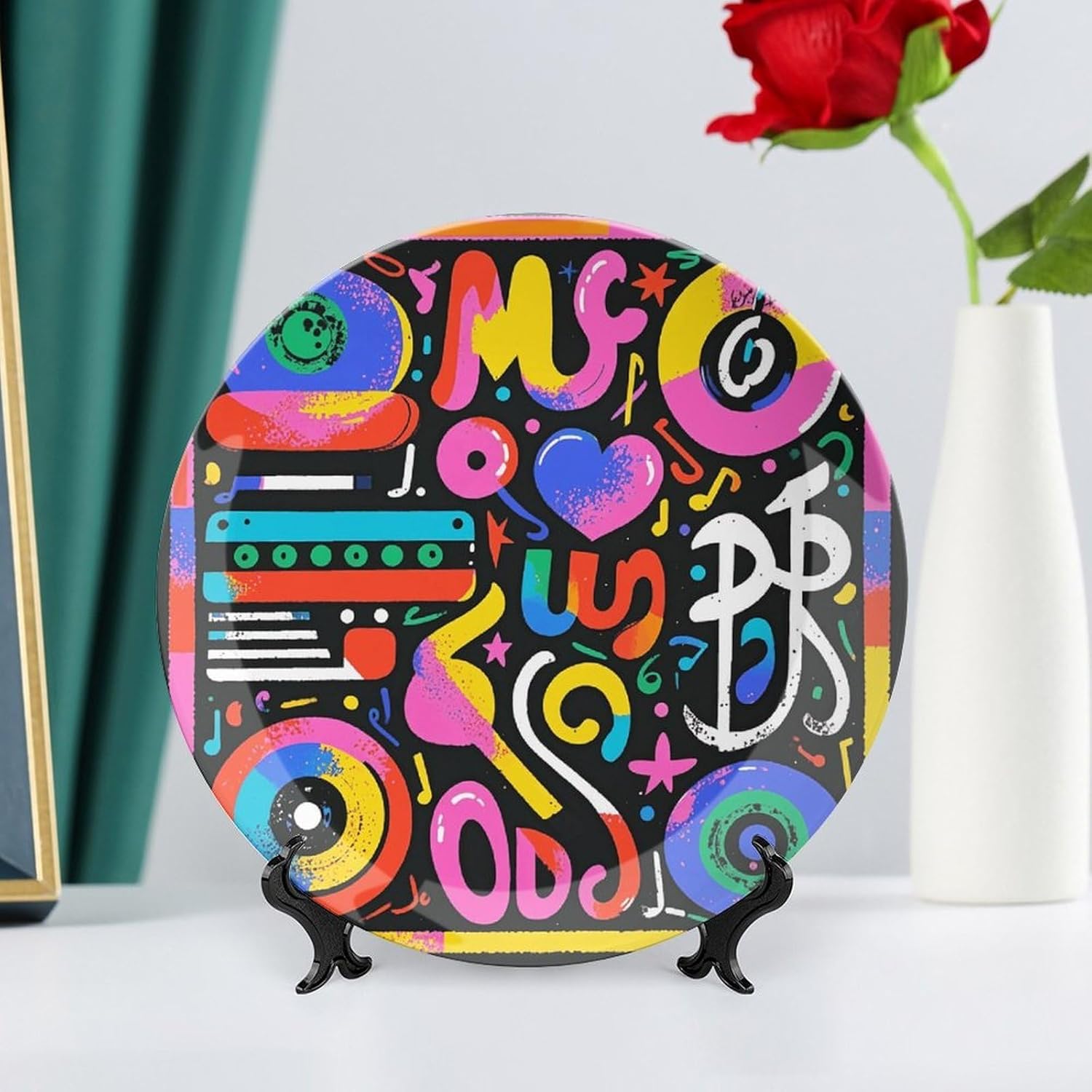 Music Graffiti Style Ceramic Plate 10inch Decorative Bone China Wall Hanging Ornament Plates Bohemian Style Dinner Plate with Display Stand Cabinet Display Plates for Home Art Decor