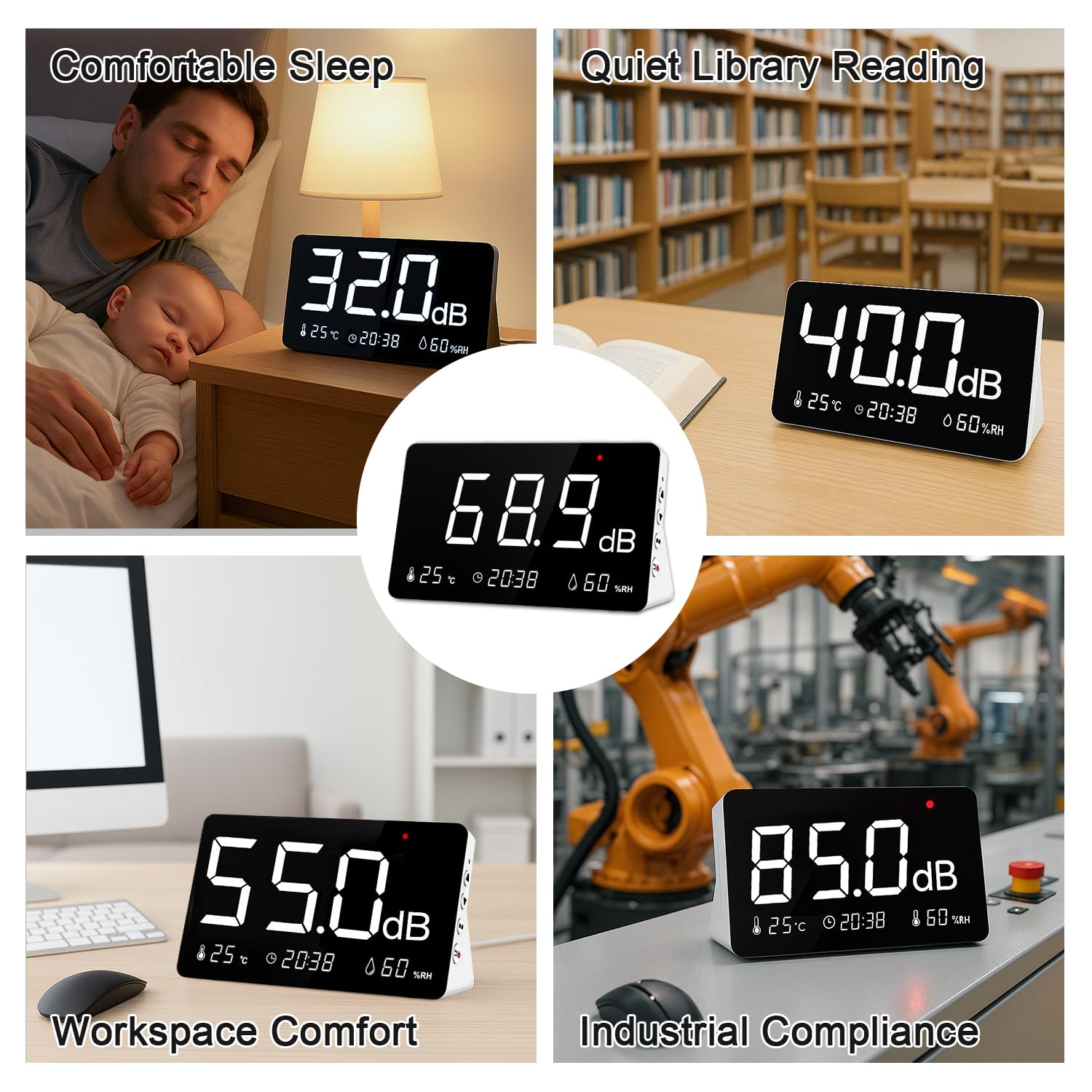 Misuratore di livello sonoro con registrazione dati, 30-130dB Digital Noise Decibel Meter con funzione di allarme, 26000 registrazione ed esportazione dati, ponderato A, ricaricabile per casa