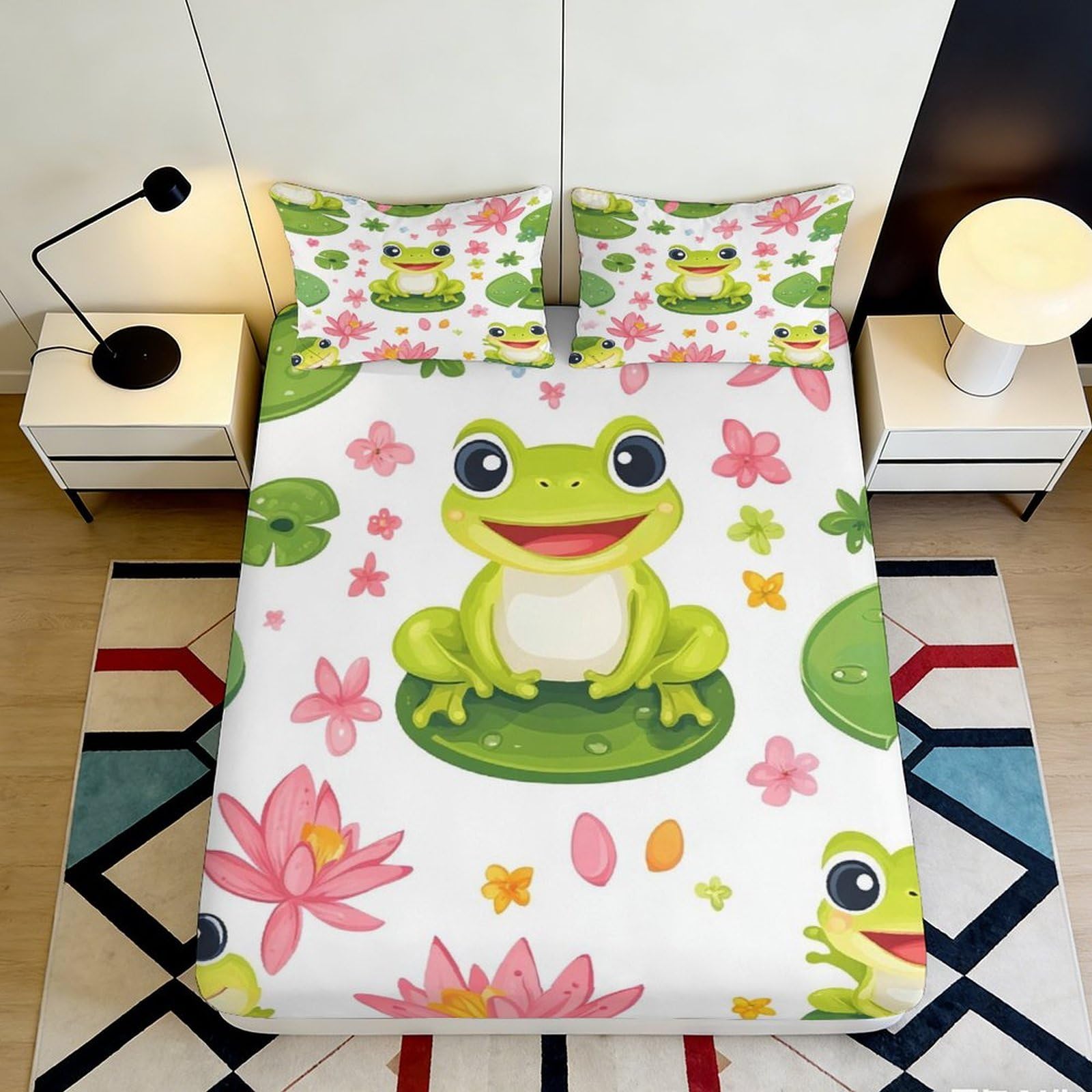 3D Printed Frog Lily Pad Fitted Sheet Microfiber Soft Mattress Cover for Bedroom Dorm Youth Room Decor Protective 120x200x25cm