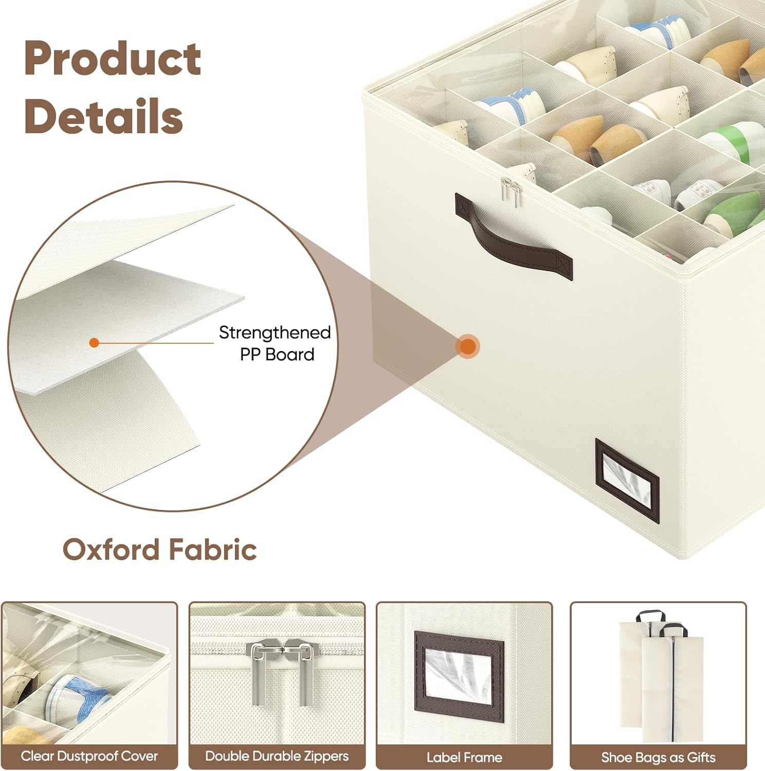 OIAHOMY 2 Pack Shoe Organizer for Closet, Large Foldable Shoe Storage Bins with Dividers and Reinforced Handles, Each Clear Cover Sneaker Box Fits Up to 16 Pairs for Entryway and Bedroom, Beige