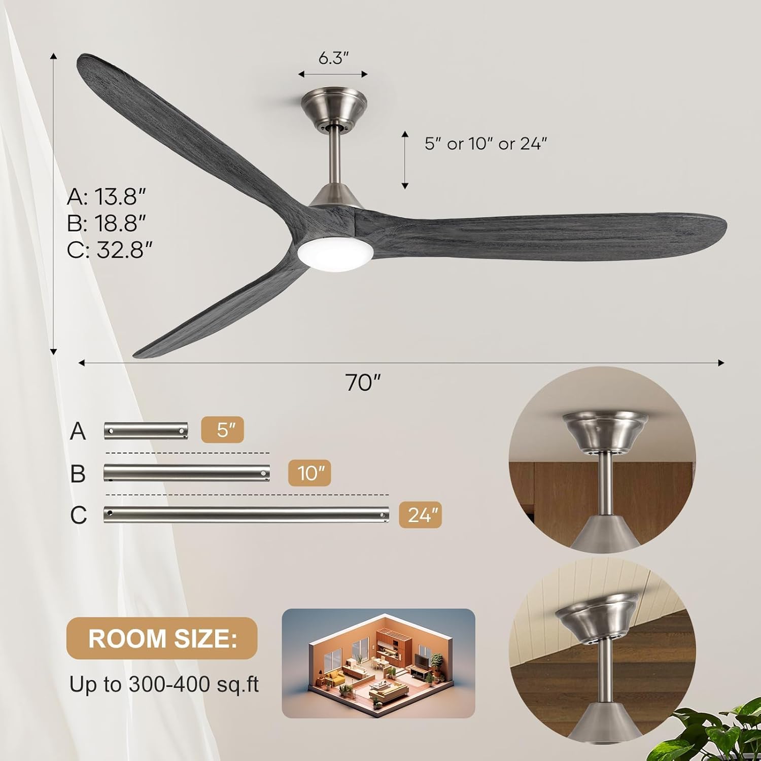 70 inch Gray Ceiling Fan with 40 inch Downrod