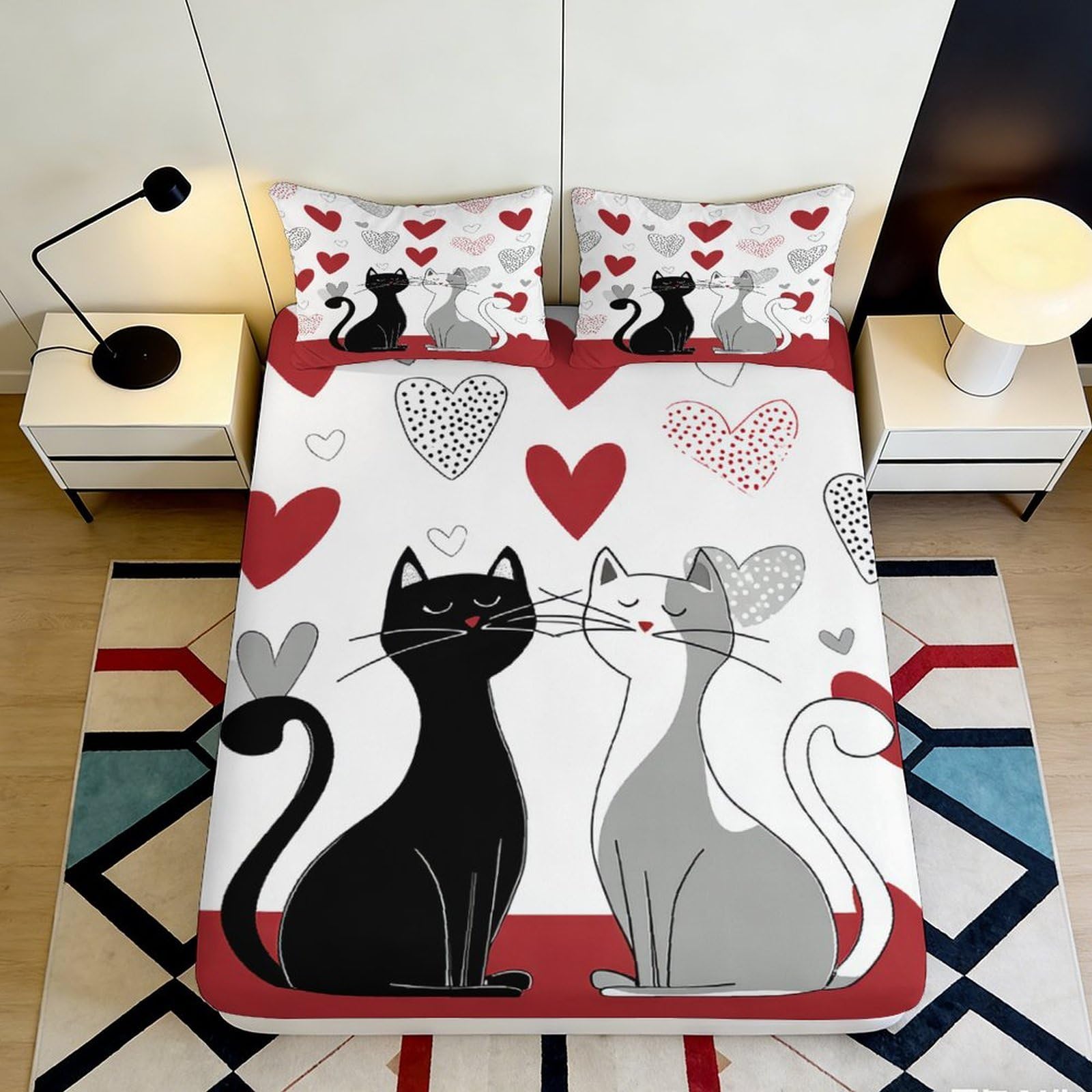 3D Printed Romantic Cat Heart Fitted Sheet Microfiber Soft Breathable Love Theme Bed Cover for Bedroom Guest Room Decor 90x200x25cm