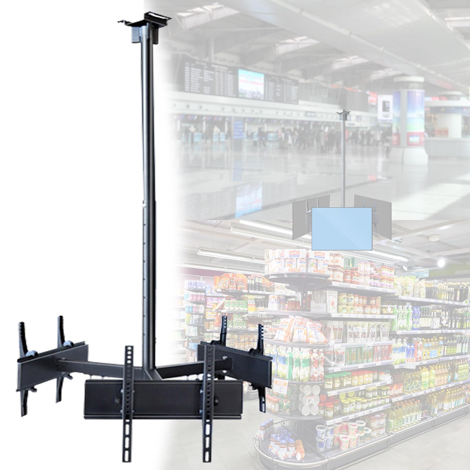 Soporte de techo para TV de 3 pantallas, altura ajustable de 1,2 a 2 m, compatible con la mayoría de televisores de 32 a 75 pulgadas, ajuste de ángulo de ±15°, capacidad de carga de 150 kg