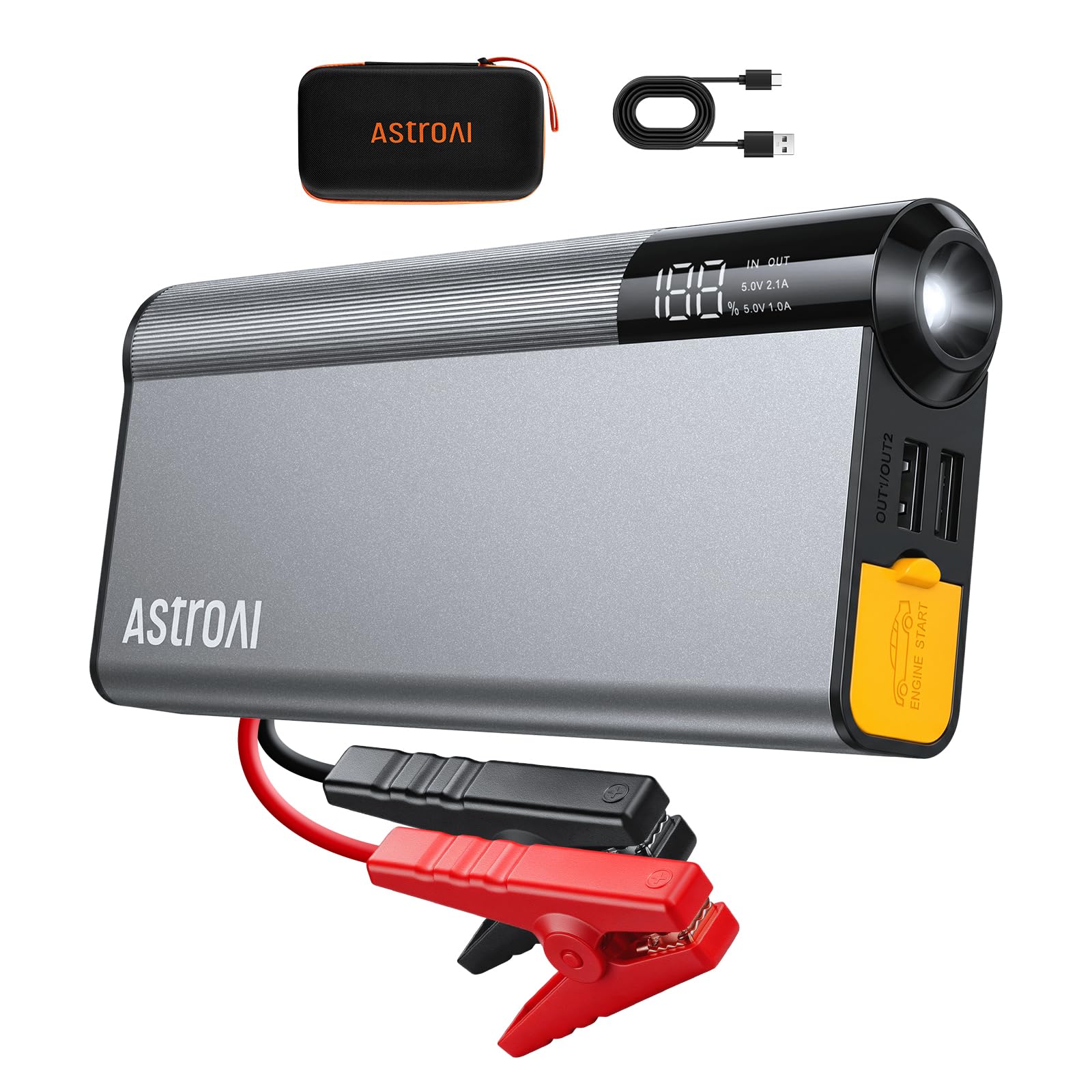 AstroAI Arrancador de Batería de Coche 8000A de Aluminio Ultrarresistente | 3 en 1 Jump Starter Portátil (Todo Gasolina/12L Diésel) con Pantalla LCD, Luz LED Emergencia y Powerbank, Amarillo