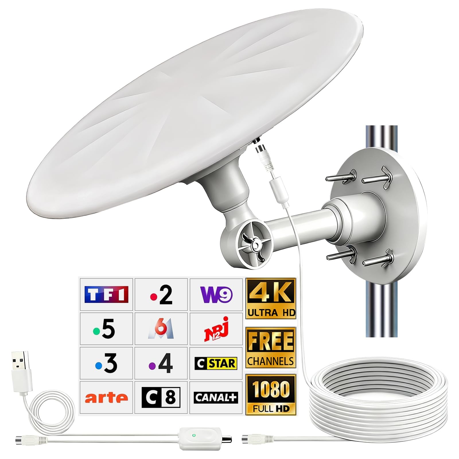 Antenne TV Exterieure Puissante, Antennes TNT Exterieur Puissante | Réception Omnidirectionnelle 720° Antenne TV Exterieur Puissante, pour Camping Car, Caravane, Fourgon, Van, Camion, Bateau