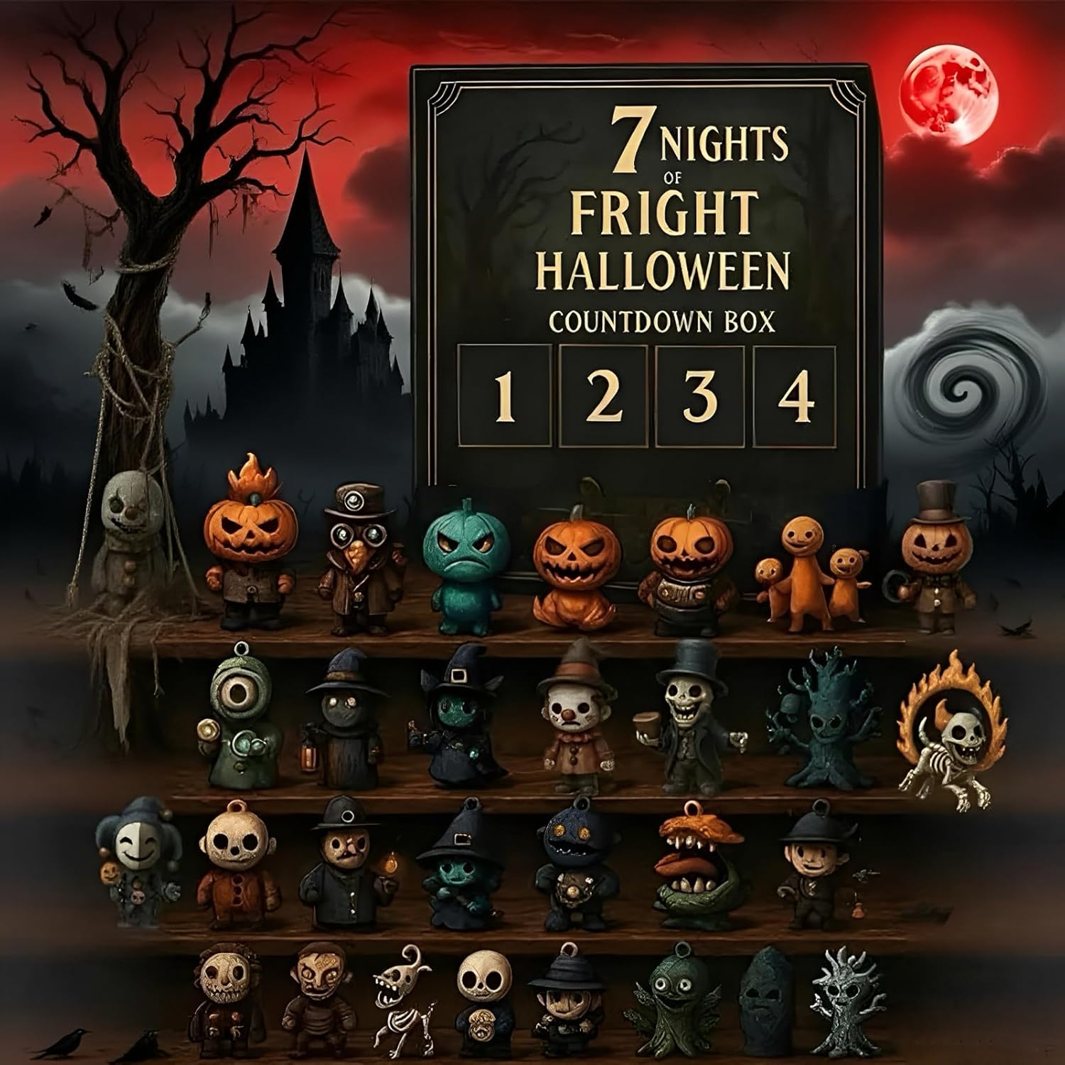 31 Nights of Fright-Halloween Advent Calendar 2025,Advent Calendar Countdown,Collectible Horror Figures Halloween Ghost Pumpkin Party Favors (Terror Night - 31 days)