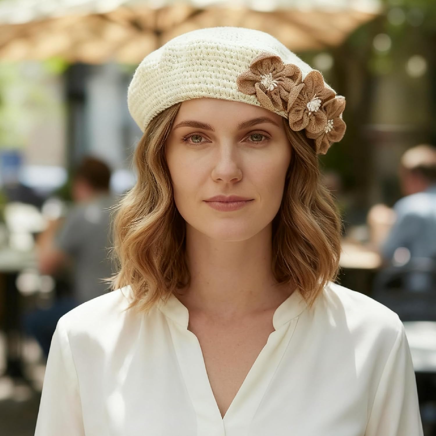 Women Flowers Fashion Crochet Straw French Beret Hollow Out Beanie Hat Vintage Artist Painter Cap
