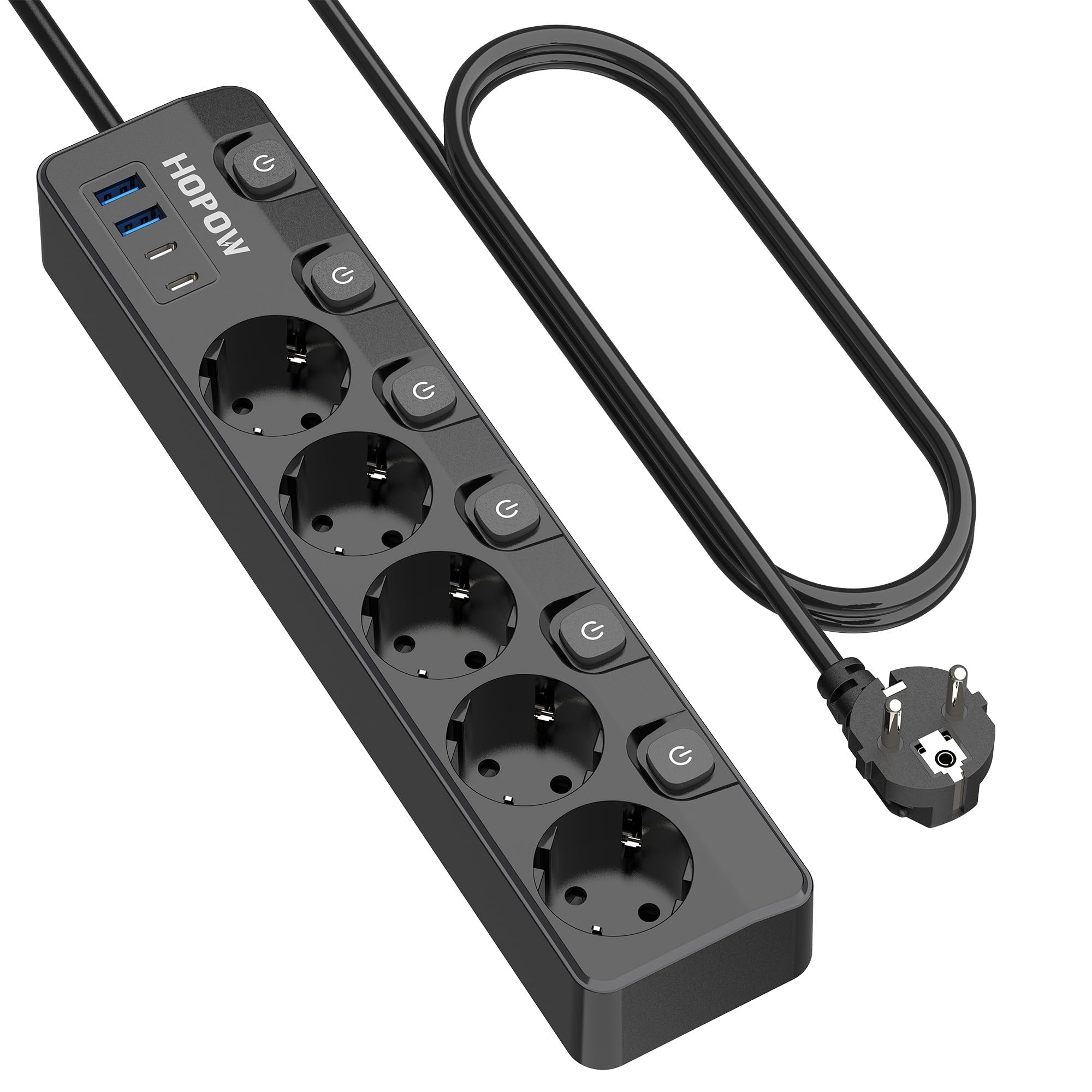 9-in-1 Steckdosenleiste einzeln schaltbar, 5-Fach Mehrfachsteckdose mit 4 USB-Ports(3680W,16A), 1050 J Überspannungsschutz, Wandmontage, 2 m Verlängerungskabel - Ideal für zu Hause, Büro und Reisen
