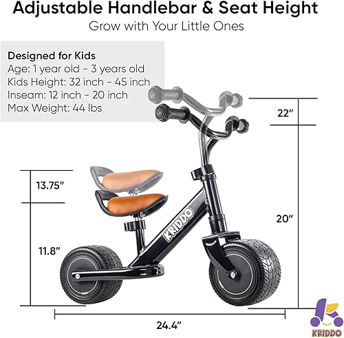Miniatura 6 de KRIDDO Bicicleta de equilibrio de 1 a 2 años, mini crucero para primer cumpleaños, color negro