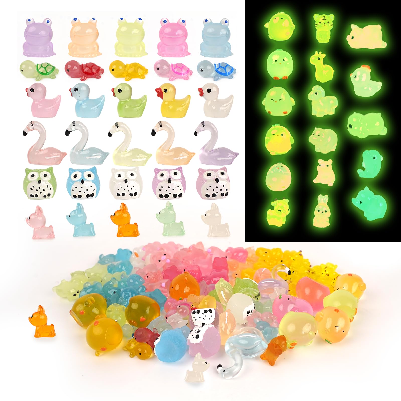 100 Pcs Mini Resin Animals, Mini Animals 100 Pack Mixed Set Including Tiny Ducks Turtles Frogs Lions Dolphins & More, Glow in The Dark, for Garden, Aquarium and Landscape Miniature Theme Decorations