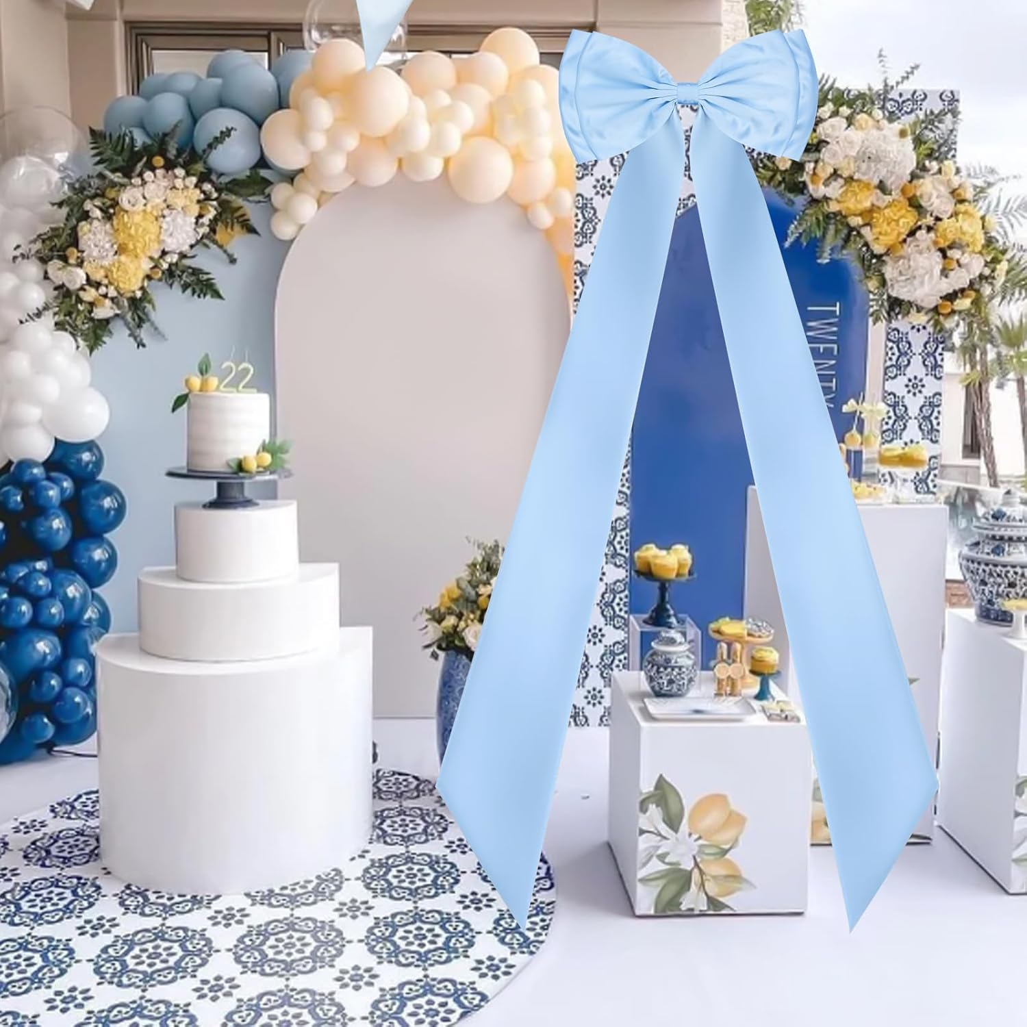FUANGUI Giant Bow Decoration, Blue Big Bow for Backdrop 75x18 Inch, Coquette Birthday Wall Room Home Decor, Large Satin for Wedding Engagement Bachelorette Baby Shower Bridal Christmas