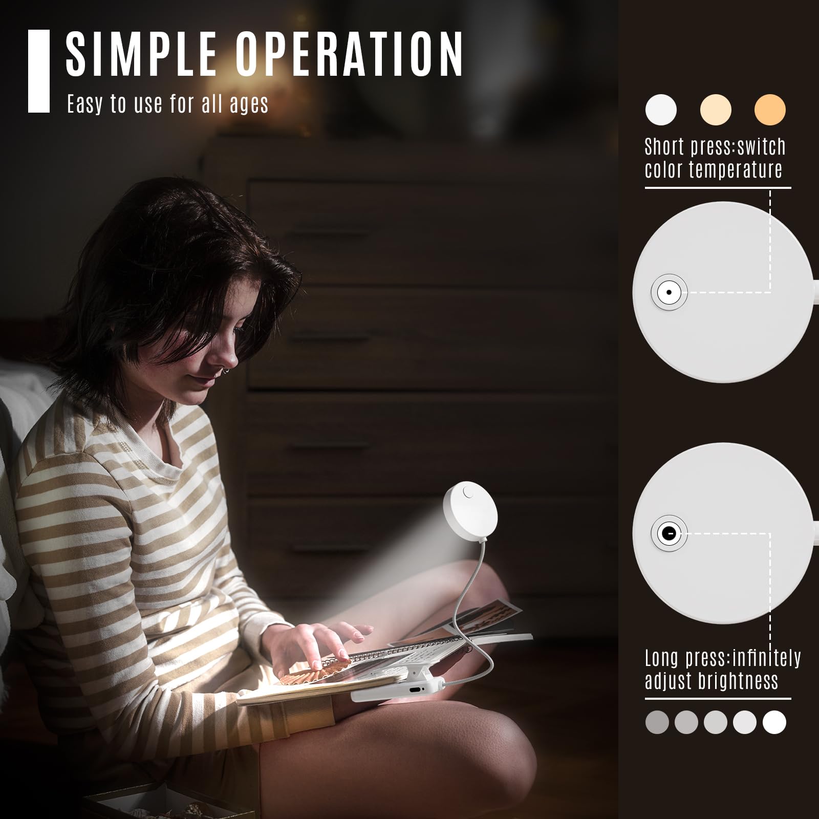 LQWELL® 31 LED Luz de Lectura, Luz de Lectura Recargable USB, 3 Temperaturas de Color, Atenuación Continua, Ángulo Flexible de 360° (Blanco, 1 Pieza)