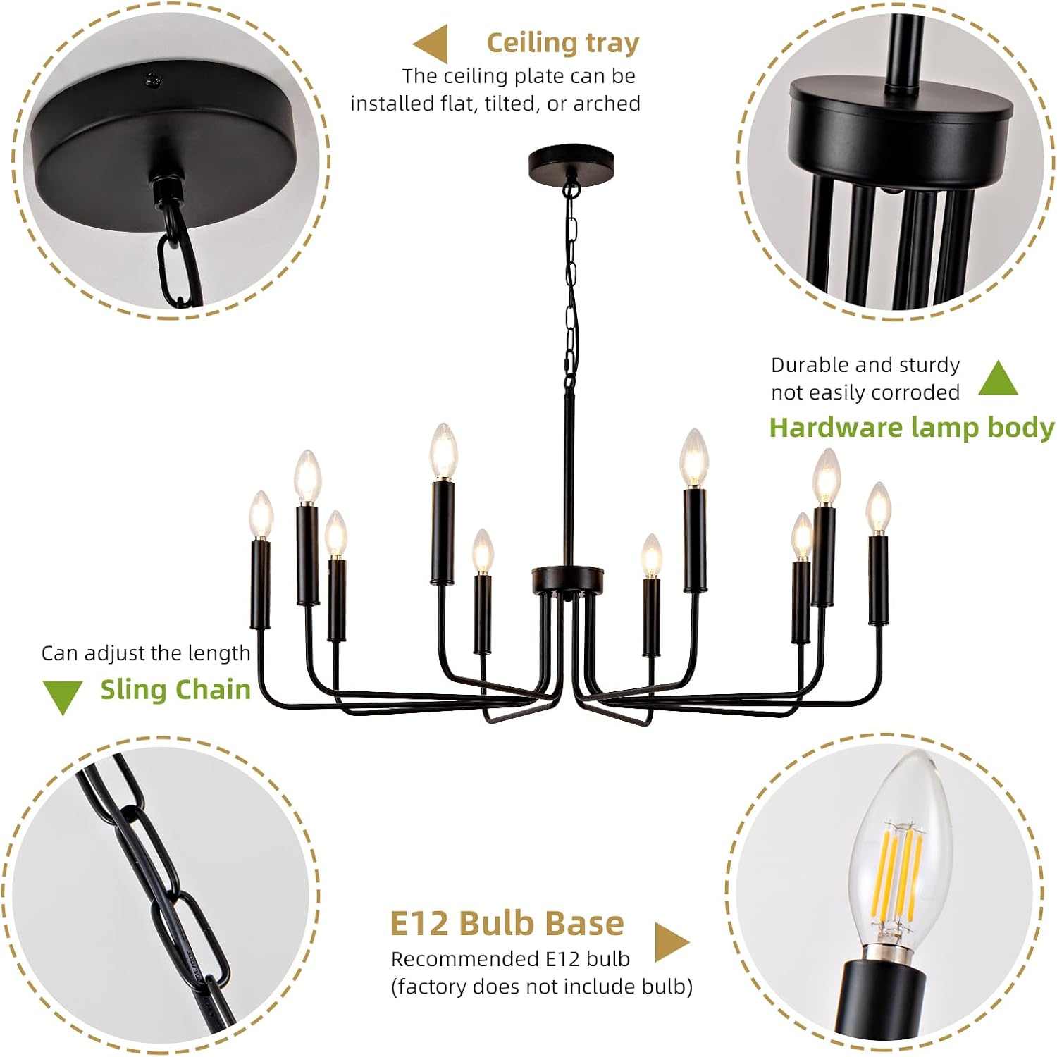 Mikeru Black Chandelier, 10-Light Vintage Industrial Pendant Light, Farmhouse Dining Lighting, Dimmable & Adjustable Height Chandelier. Suitable for Bedroom, Living Room, Kitchen, Office, Foyer.