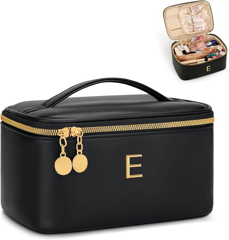 Necessaire de maquiagem CLOUDWINGS com inicial, divisória e compartimento para pincéis, preta, 1 unidade