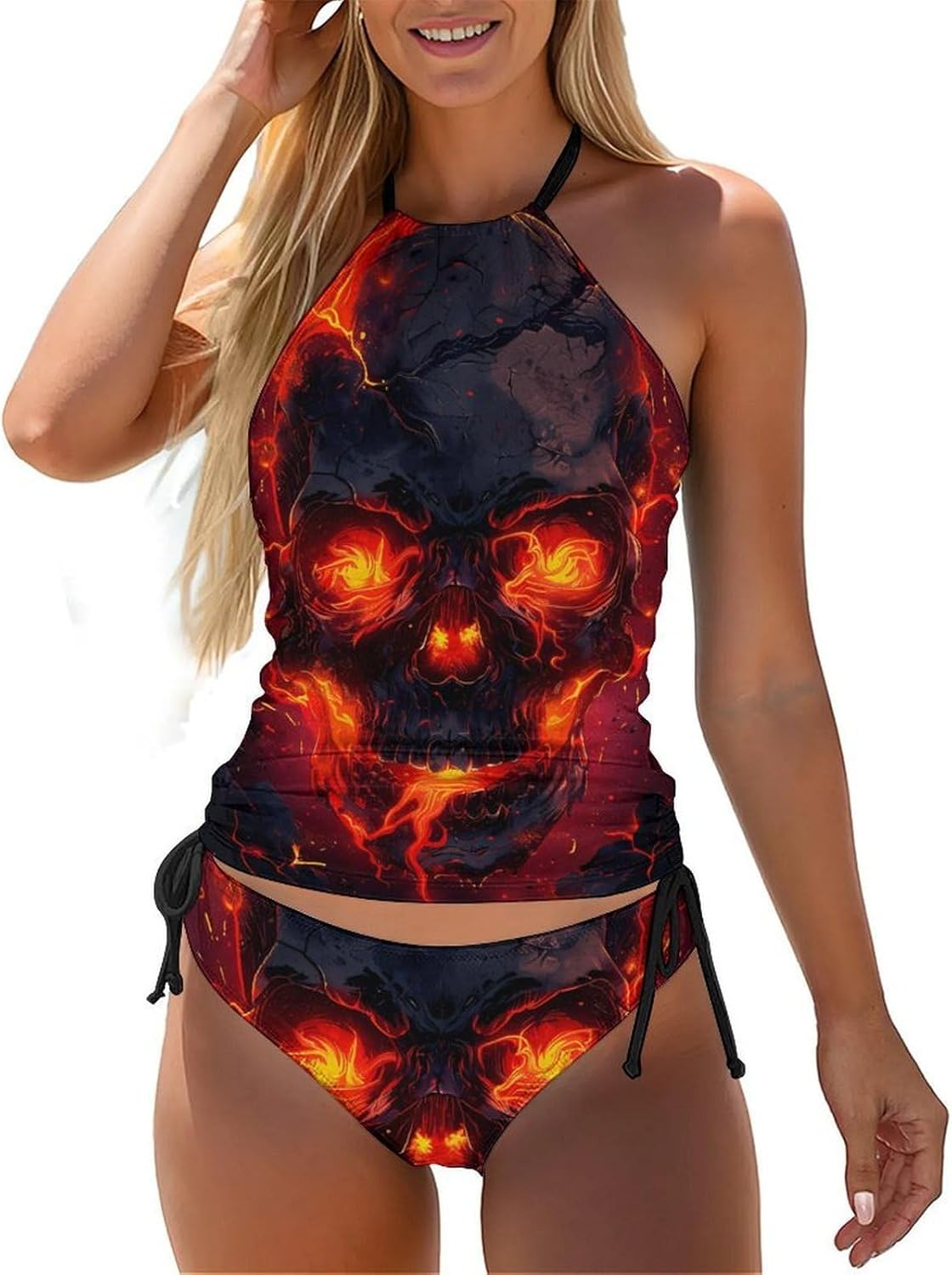 Flame Skull Women's Tankini Swimsuit Two Piece Tummy Control Bathing Suits Tie String Swimwear