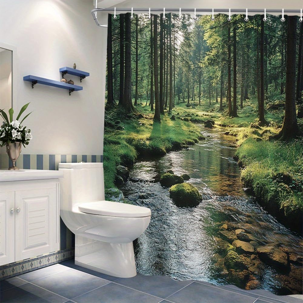 Rideau de douche lavable et anti-éclaboussures imprimé forêt avec crochets