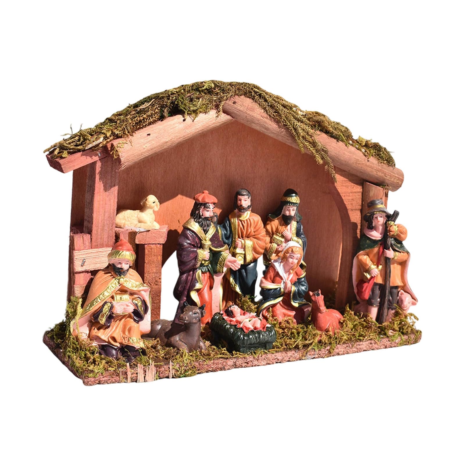 Xinsheinelry Christmas Birth Decoration Set Rosin and Wood Religious Display for Home Worship Christmas Birth Stable Decoration