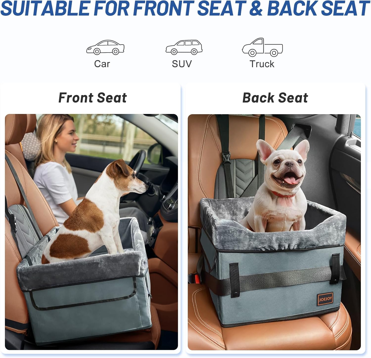 JOEJOY Small Dog Car Seat - Portable Puppy Booster Seat for Car with Clip-On Safety Leash, Adjustable Straps Perfect for Small Pets Up to 25lbs (Grey)