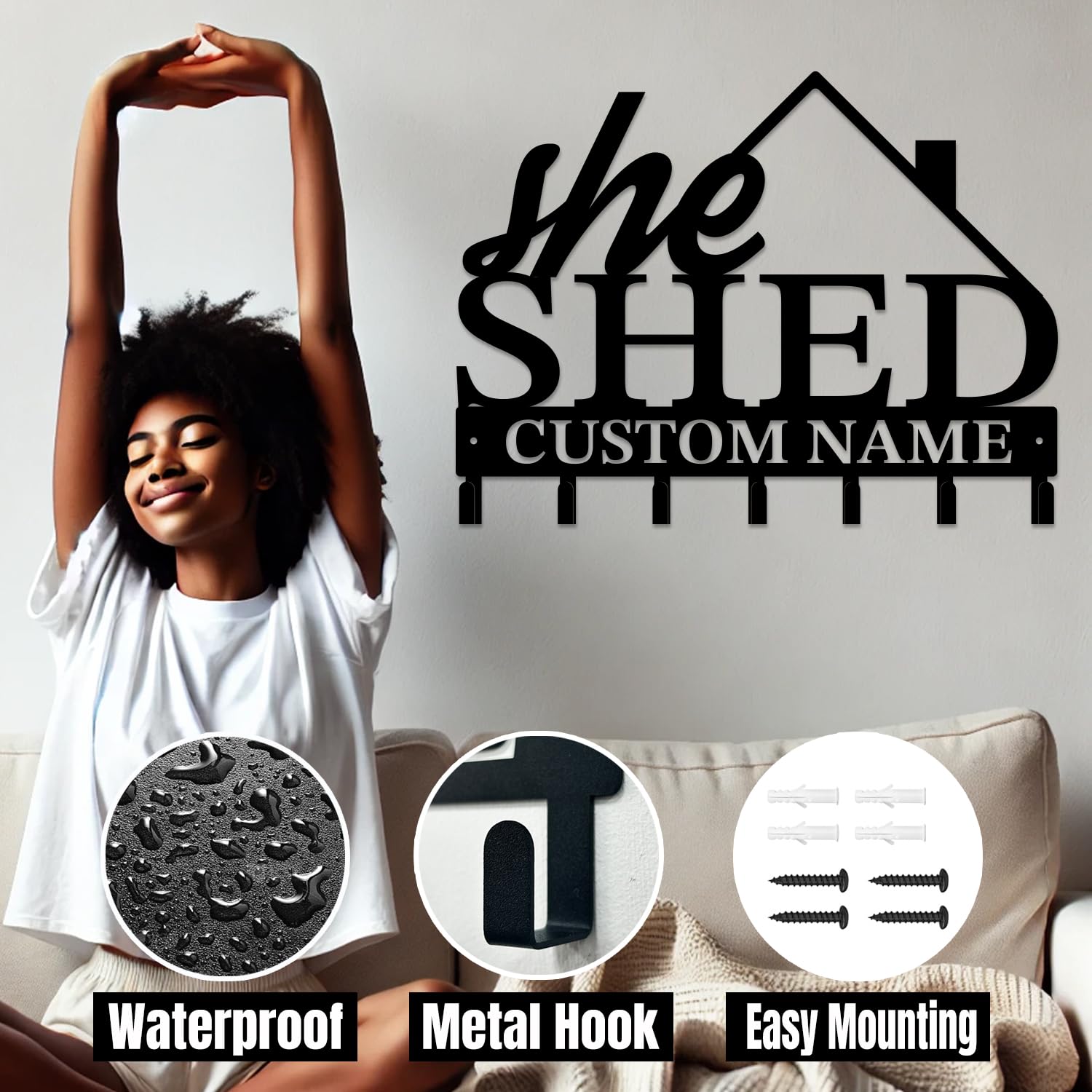 peanut case Personalized She Shed Keys Hooks,Custom Name Metal She Shed Art Keys Hooks,Metal She Shed Lover Wall Home Storage Decorative Keys Hooks,Key Holder Hooks for Wall (Style A)