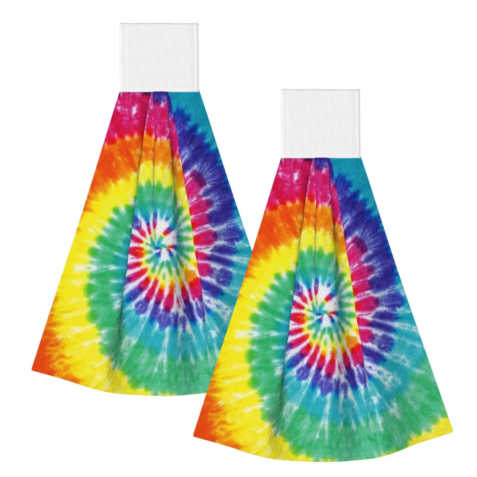 DOPKLNA Rainbow Tie Dye Print, 2 Pcs Hanging Coral Fiber Hand Towels for Bathroom, Absorbent Kitchen Towels