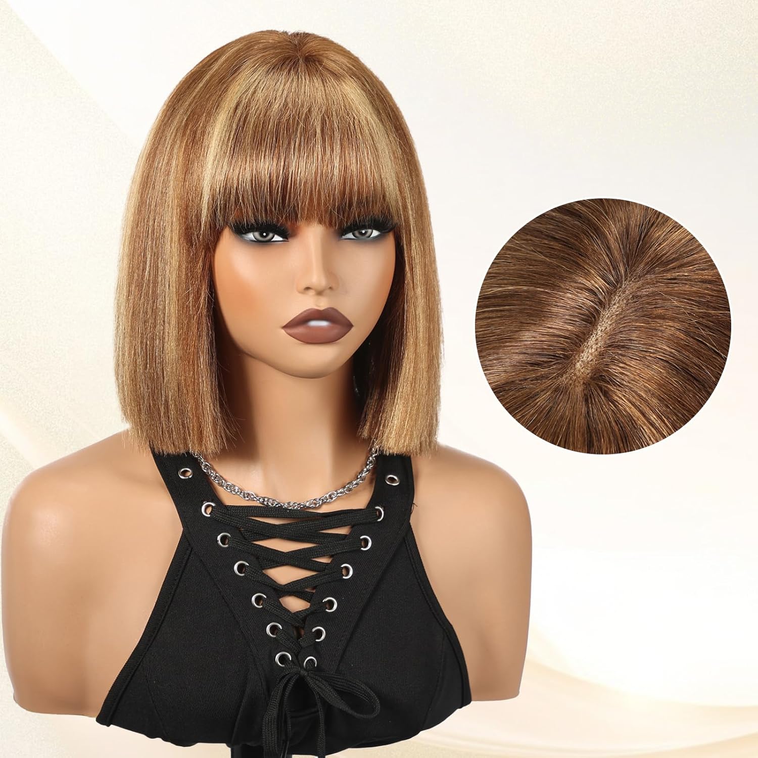 10 Inch Highlight Ombre Bob Wig Human Hair With Bangs Glueless 2x1 HD Lace Wigs, Short Wigs For Women Yaki Straight - Image 5