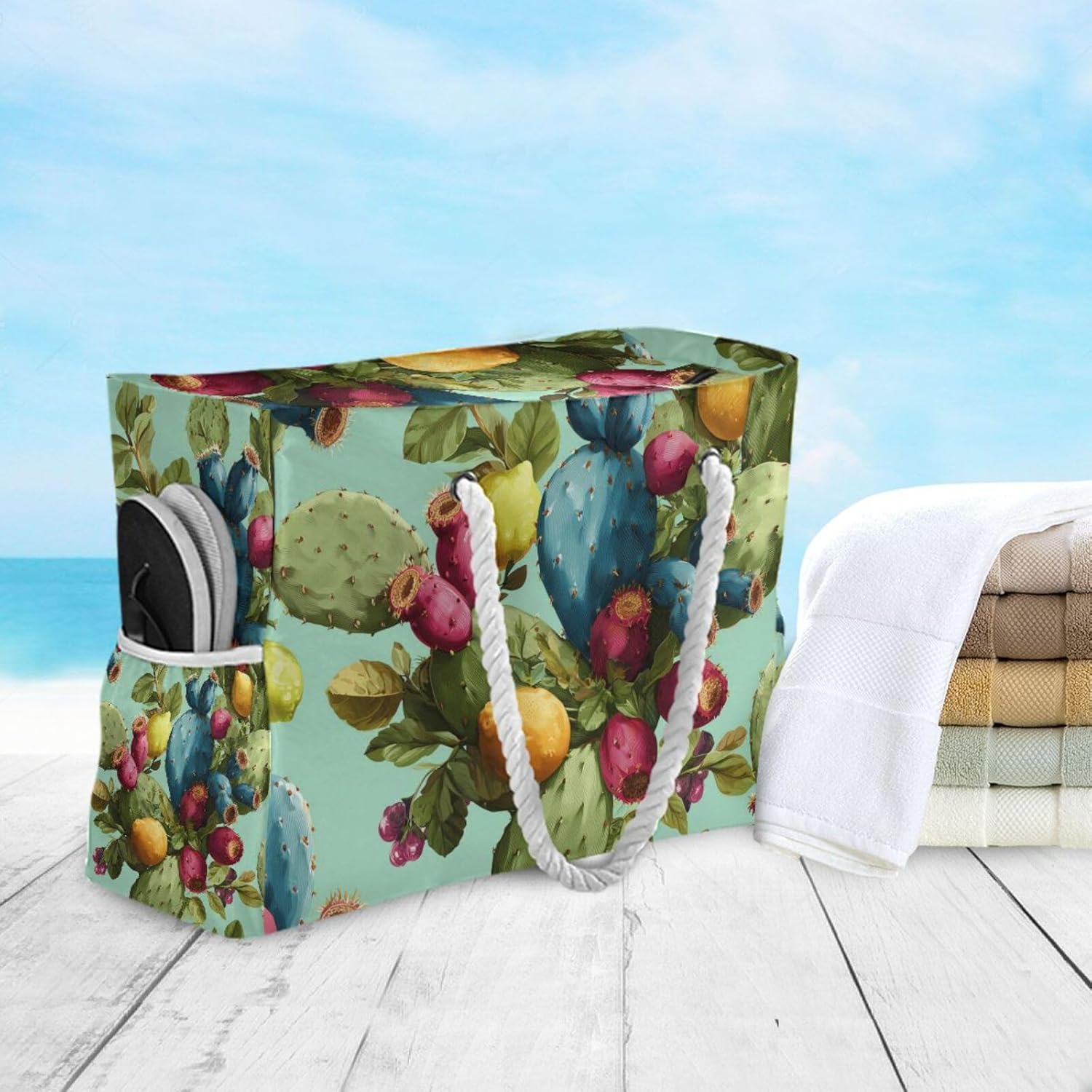 OTVEE Colorful Cacti with Fruit Pattern Beach Bags for Women Ladies Large Canvas Tote Shoulder Bag Waterproof Travel Bags for Gym Swim Pool Camping