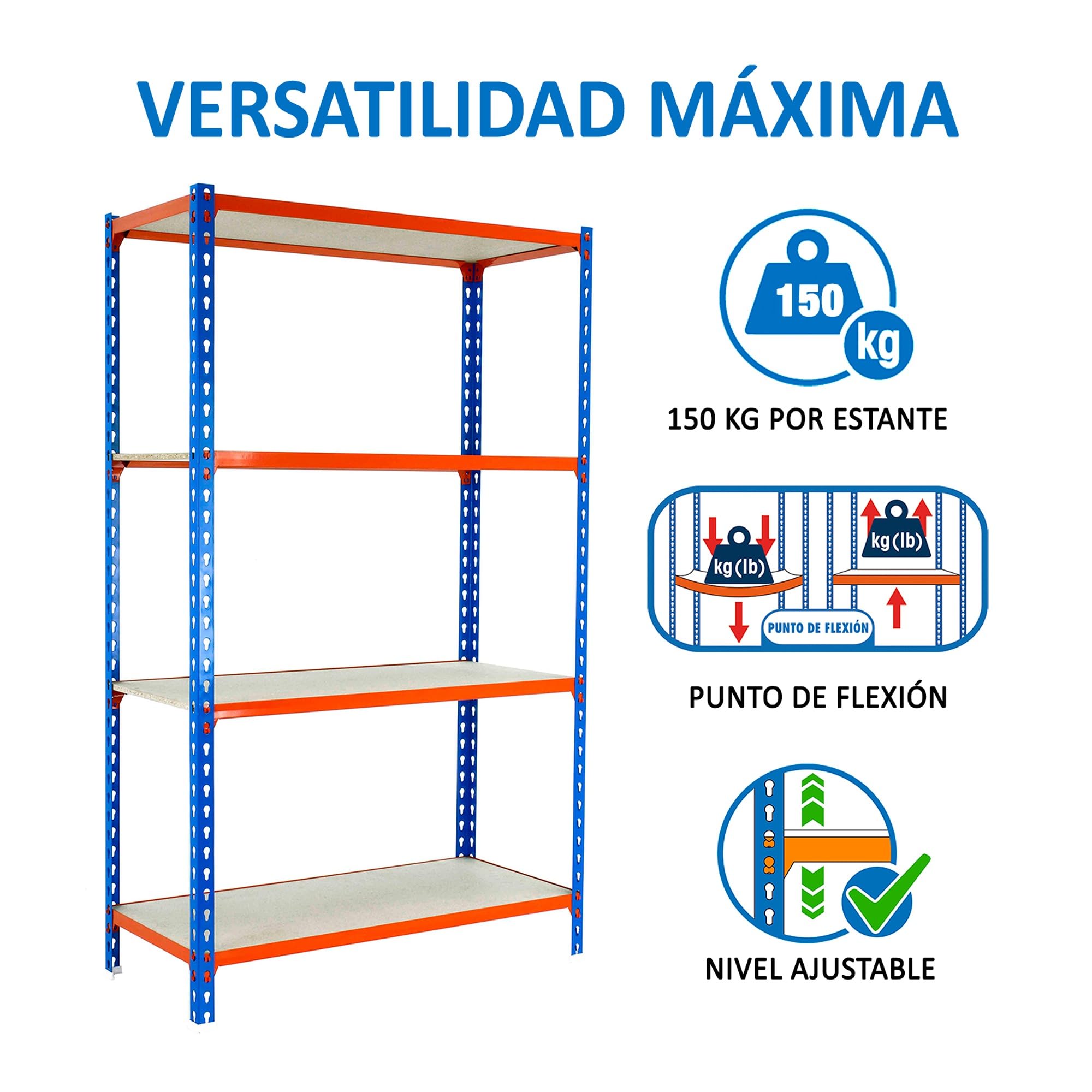 SimonRack Estanteria Metalica, 4 Baldas Madera Ajustables, 150 kg de Punto Flexión, 1500x1000x400 mm, Estantería Almacenaje, Sin tornillos, Azul/Naranja/Madera - Maderclick | 4 Alturas, Bandeja Madera, 150 kg de Punto Flexión, Azul/Naranja , Pintura antic
