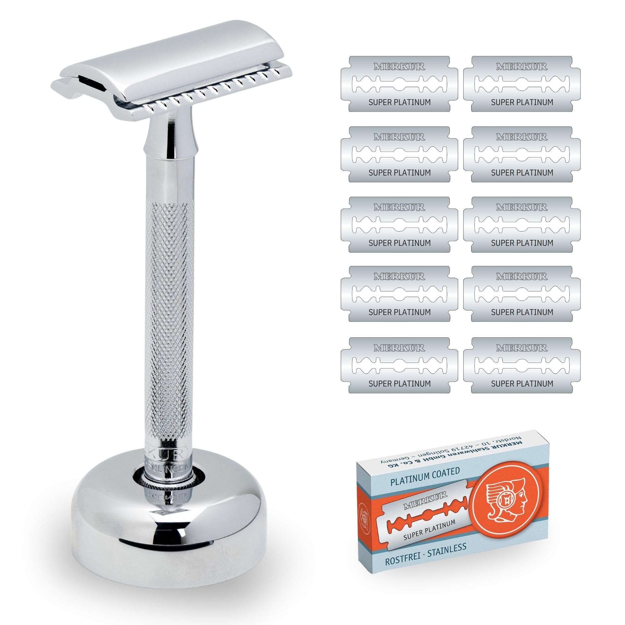 MERKUR 2381 Shaving Set with Stand Glossy Chrome | Three-Piece Razor with Straight Cut | Ideal for Wet Shaving | Die-Cast Zinc | Brass Handle | Made in Germany