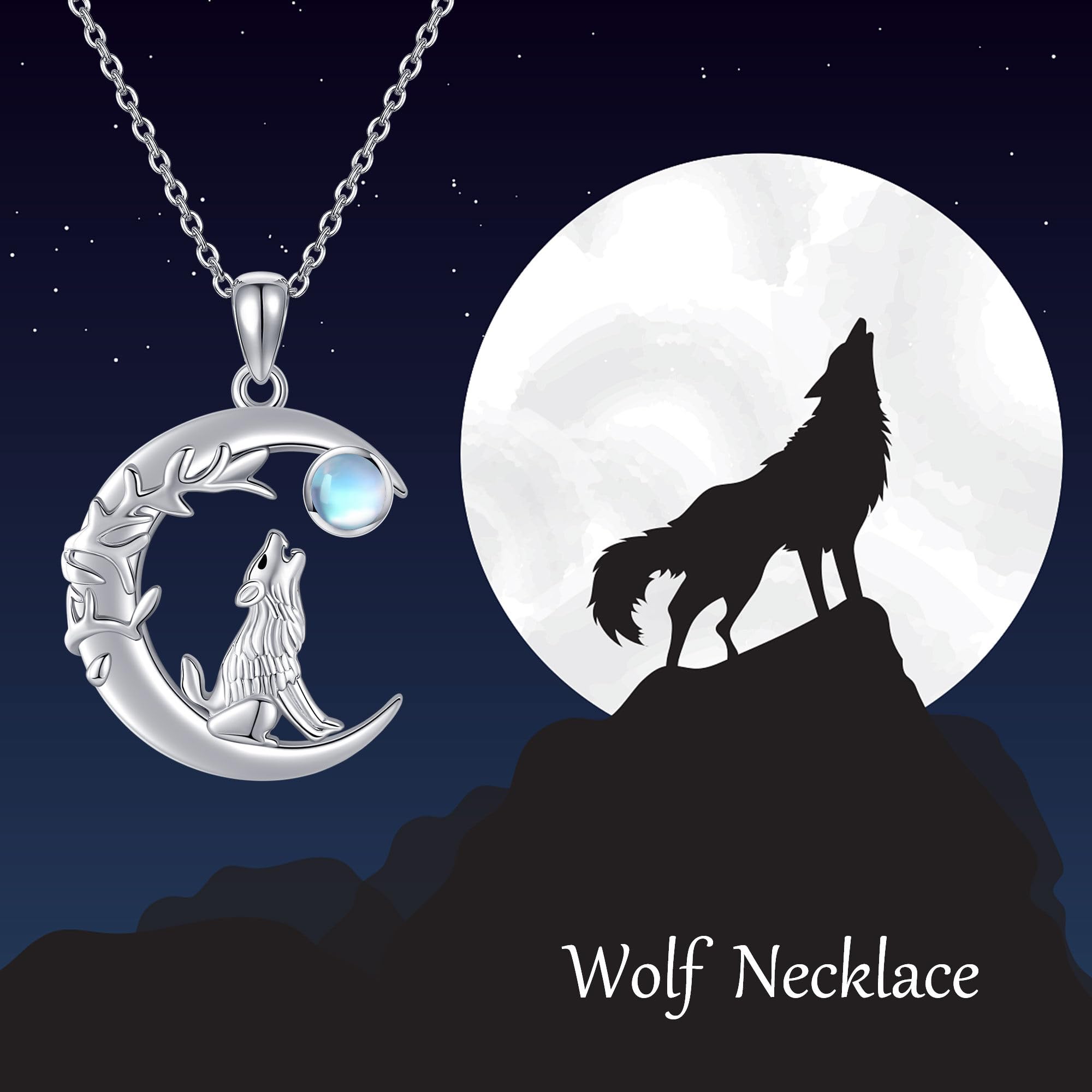 ONEFINITY Collar de lobo de plata de ley 925 con colgante de lobo y luna creciente, collar de piedra lunar, regalo para mujer, Piedra de luna
