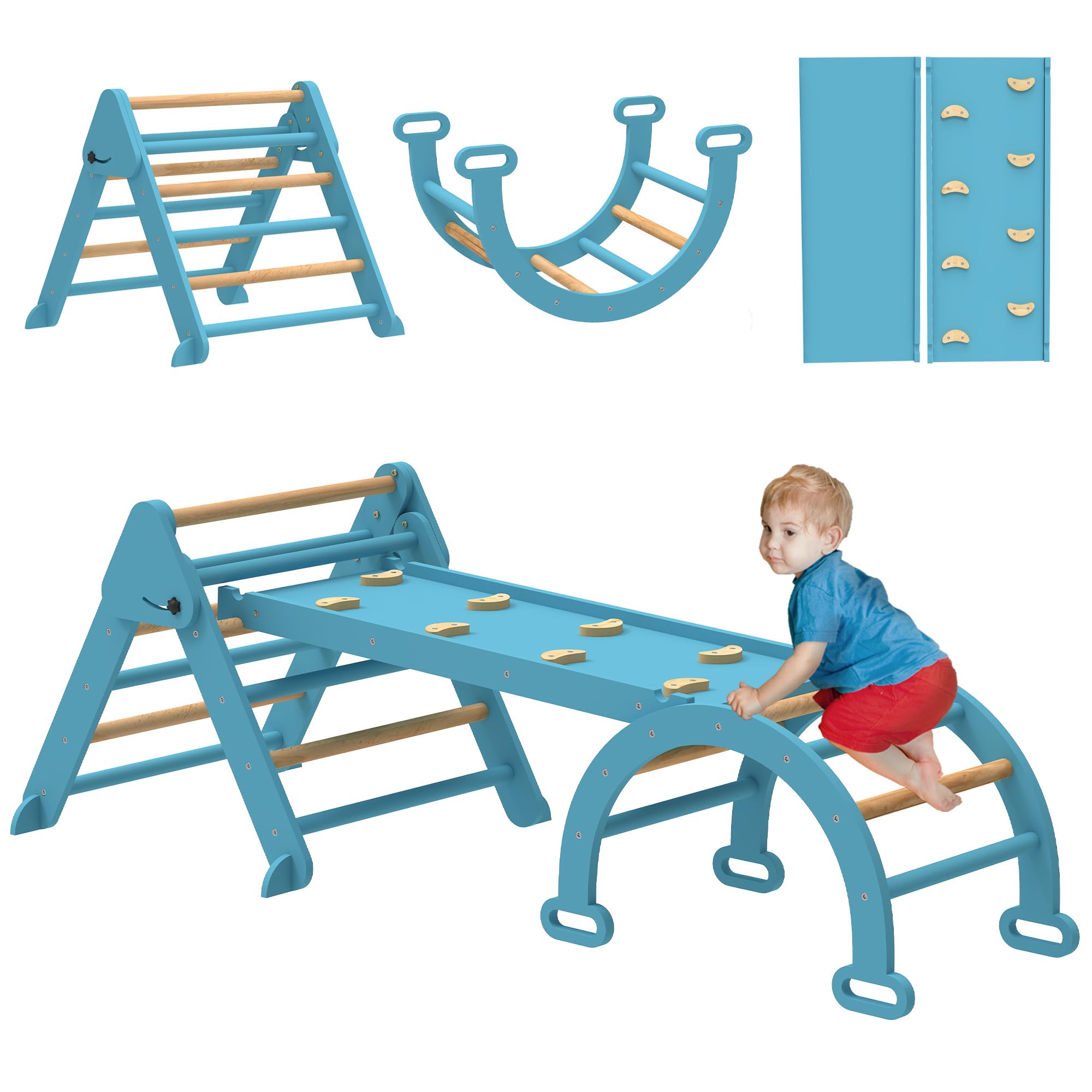 AIYAPLAY 7 en 1 Triángulo de Escalada Montessori con Arco y Rampa, Escalada para Niños de Madera Plegable, para 18-48 Meses, para Deslizarse o Escalar, 188x70 cm, Azul