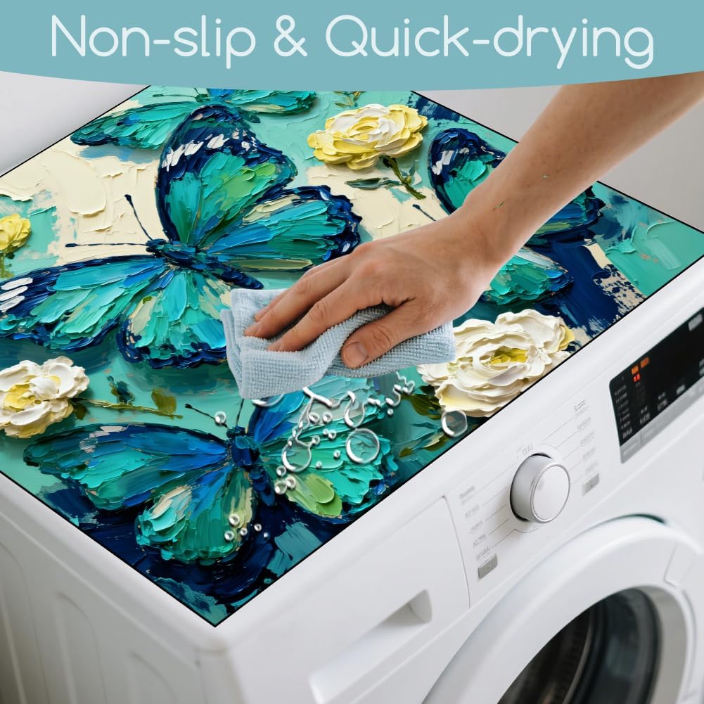 GLOBLELAND 2 Pcs Blue Green Butterfly Washer Dryer Dust Cover 23.6×23.6 inch Flower Washing Machine Top Protector Pads Non Slip Washing Machine Top Covers for Laundry Room Living Room Table