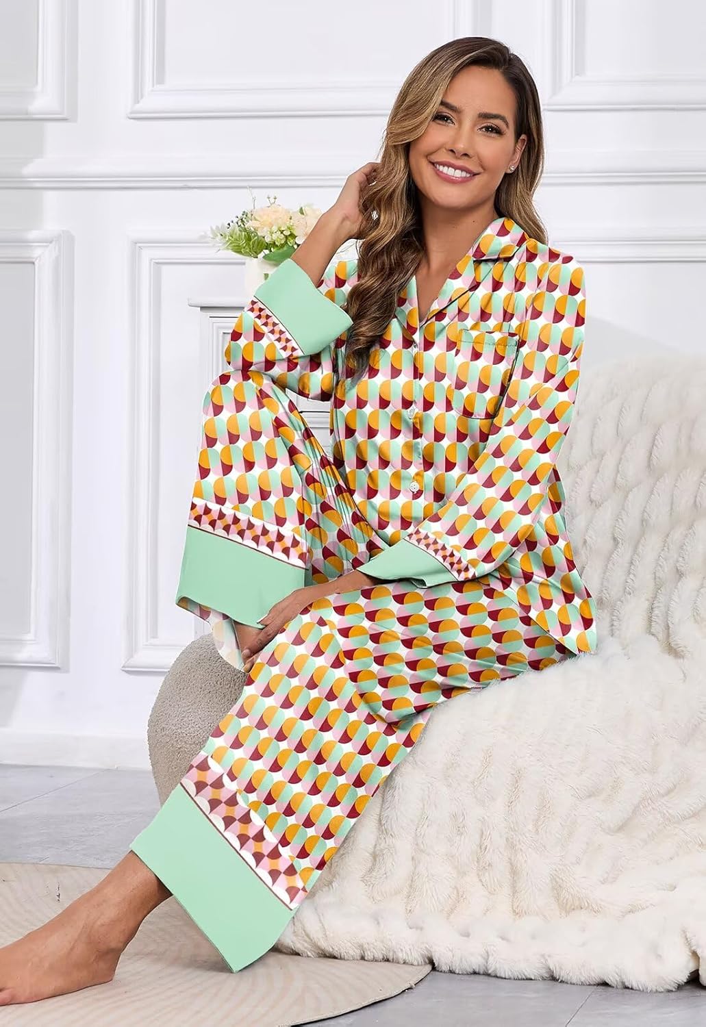 Brosloth Womens Silk Pajamas Floral Satin Pj Sets Button Up Long Sleeve Comfy Soft Fall 2 Pieces Lounge Sets - Image 5